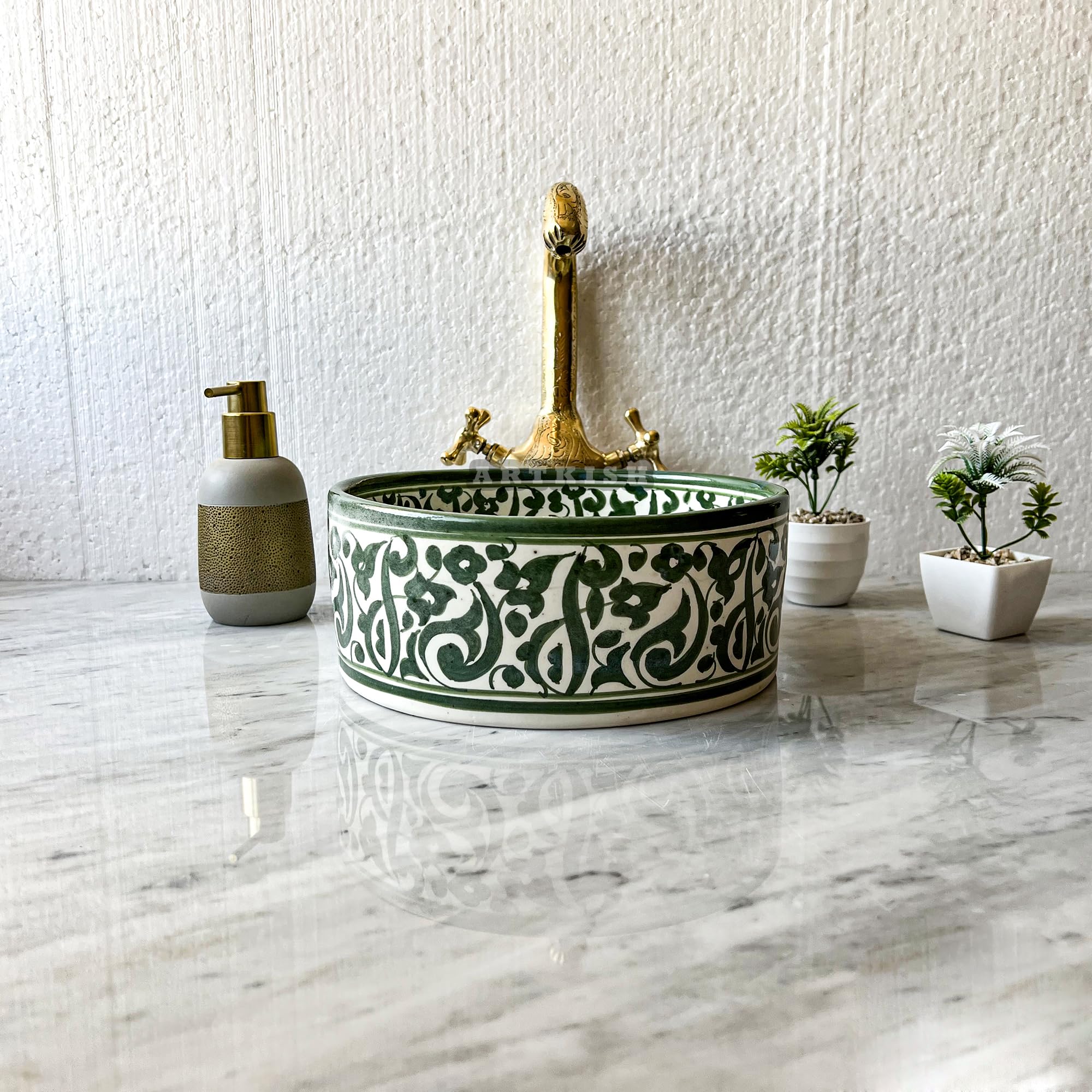 Handmade Ceramic Vessel Sink - 10 Inch Round Undermount Bathroom Sink with Moroccan Hand-Painted Design, Black Countertop Vanity Basin for Modern & Rustic Bathrooms, Salon Spa Washbasin