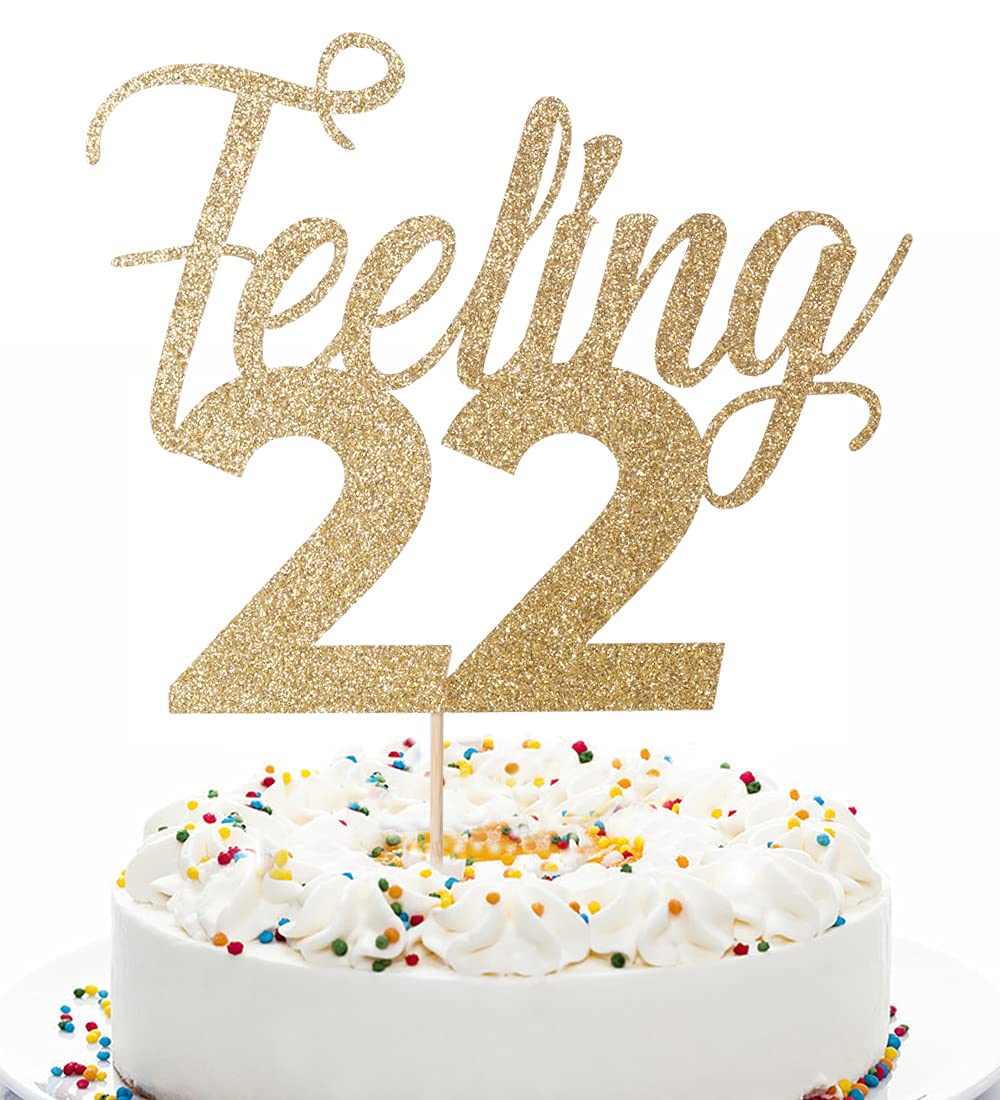 Feeling 22 Cake Topper - Golden Glitter Birthday Cake Decoration for 22nd Birthday Party | Perfect for Wedding, Anniversary & Special Celebration Cakes