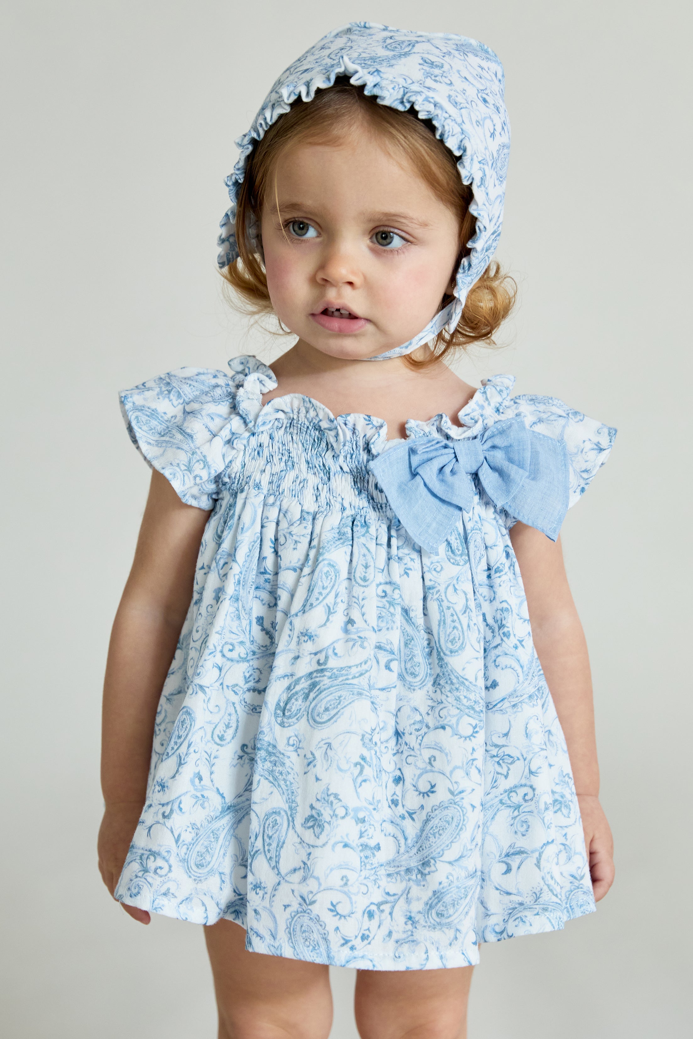 Theodora Blue Paisley Bow Dress & Bloomers Set - Vintage Floral Baby Girl Outfit for Photoshoots, Parties & Special Occasions