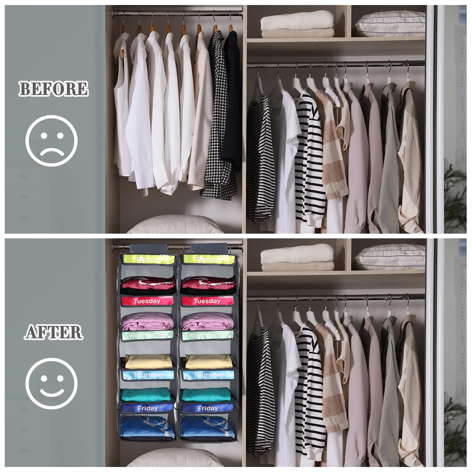 2 Pack Kids Closet Organizer - Collapsible Hanging Shelf Dividers for Clothes, Sweaters & Hats | Space-Saving Dorm & Bedroom Storage Solution (Dark Grey) - Perfect for Small Spaces, Kids Rooms & College Dorm Organization