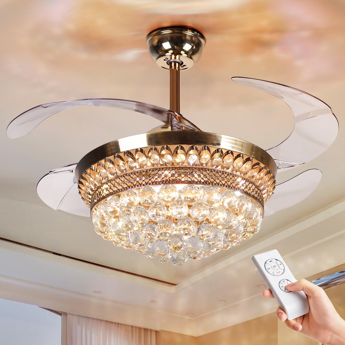 42 Inch Retractable Ceiling Fan with Light - Remote Control, French Gold Finish, Modern Luxury Crystal Chandelier Fan with 3 Adjustable Lights - Perfect for Bedroom, Living Room, and Restaurant Decor