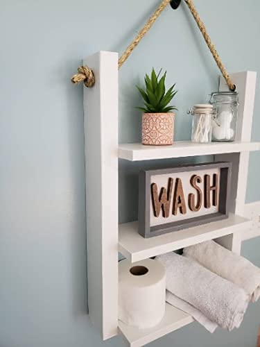 Rustic Farmhouse Rope Hanging Ladder Shelf - Bathroom & Home Decor for Storage and Display | Perfect for Towels, Blankets, and Decorative Items