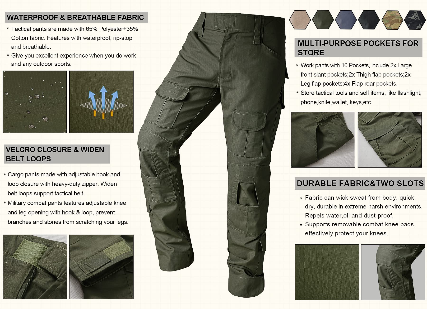 **Men's Tactical Camo Cargo Pants - Ripstop Outdoor Hiking & Work Pants with Multi-Pockets (No Belt/Kneepad) - Perfect for Hunting, Camping & Military Use**