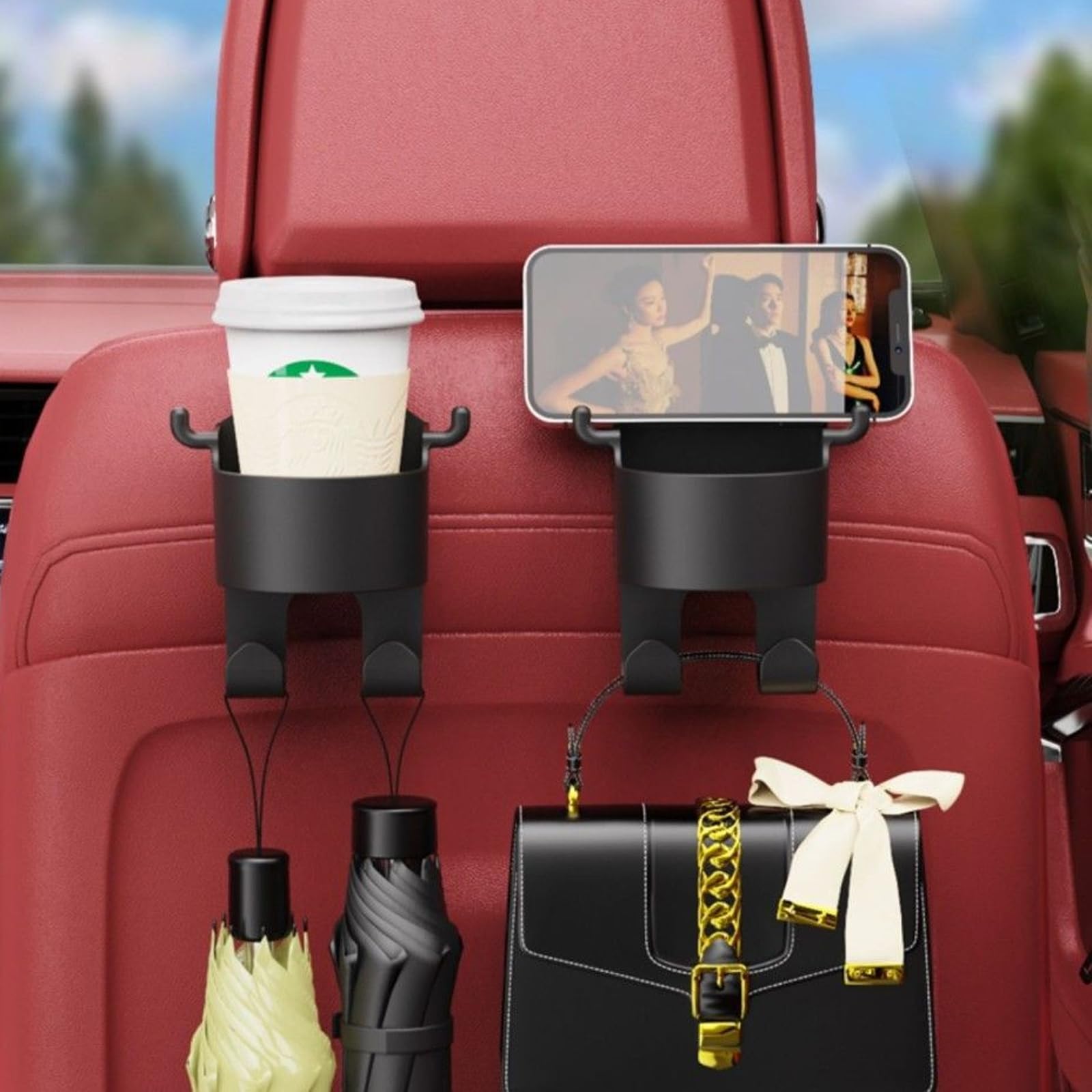 3-in-1 Multifunctional Car Seat Back Hook & Cup Holder - Heavy Duty Auto Organizer (2 Pack, Type-A) - Perfect for Road Trips, Grocery Bags & Backseat Storage