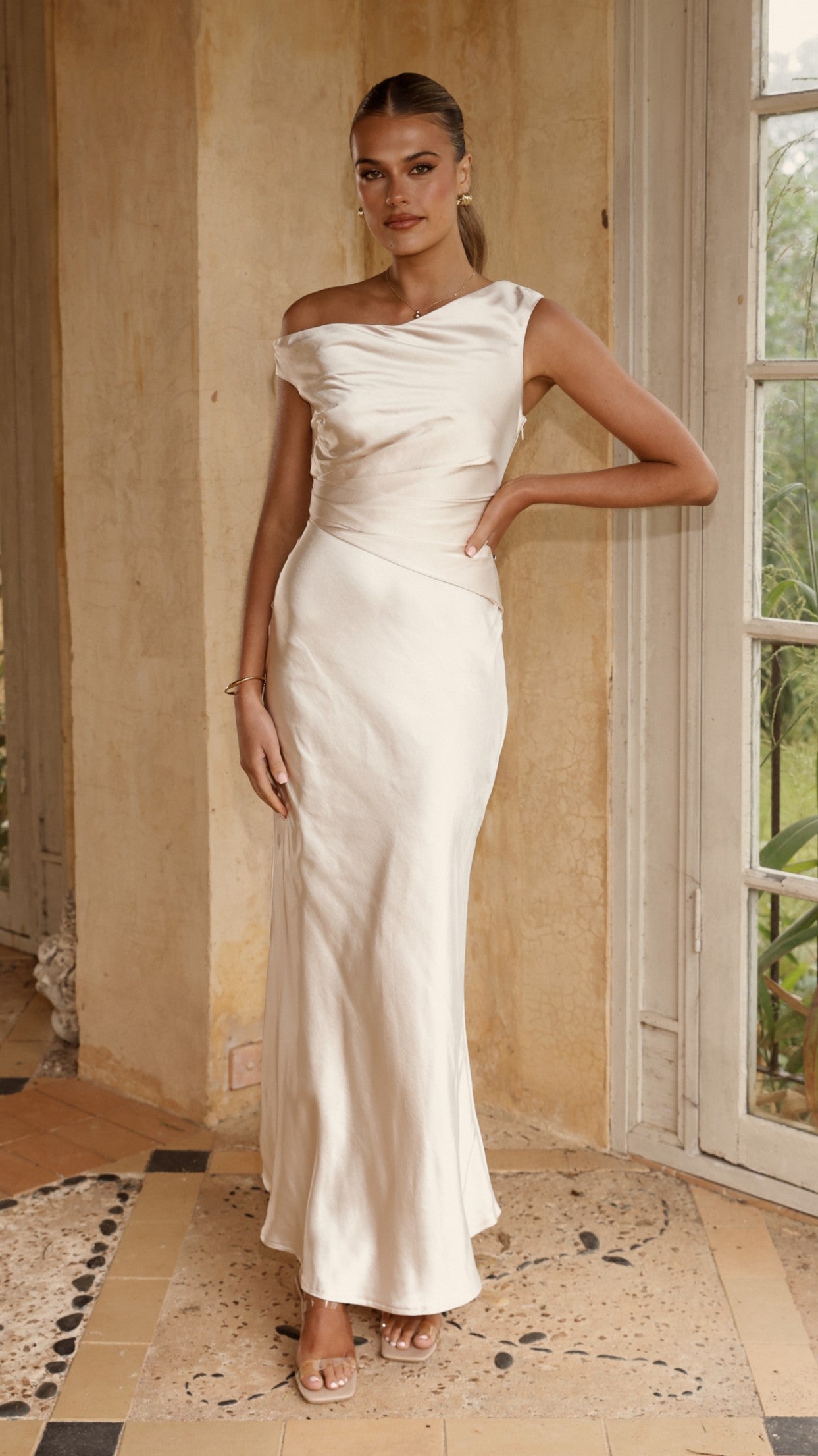 Auria Off Shoulder Maxi Dress in Champagne - Elegant Summer Beach Wedding Guest Dress for Women