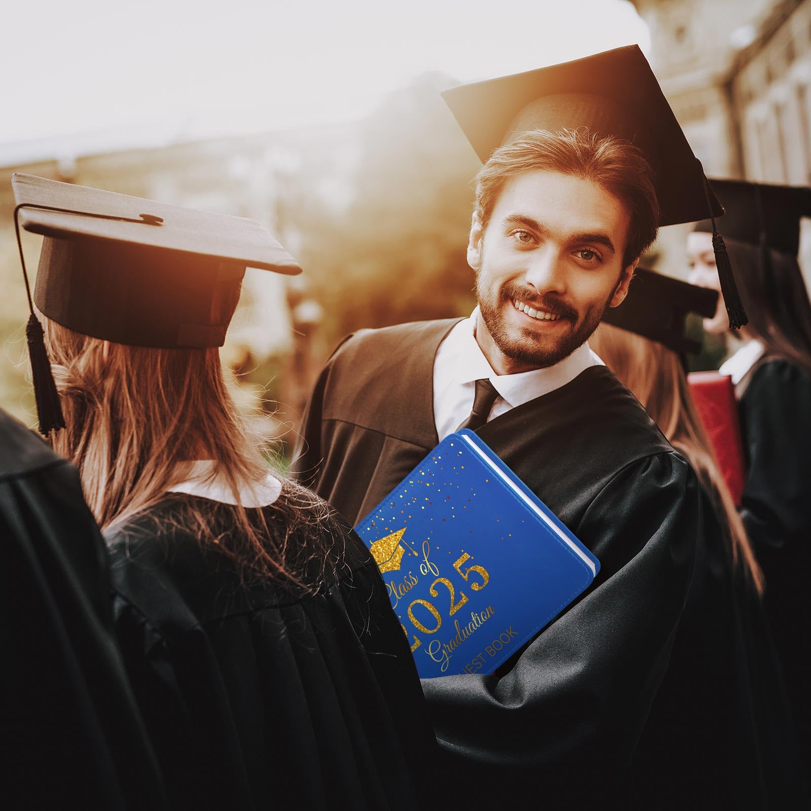 Frienda 2025 Graduation Guest Book - Leather Guest Sign in Book with Pen - Graduation Party Favors & Gifts for Graduates - Class of 2025 Signature Book (Blue & Gold) - Perfect for High School & College Graduation Ceremonies, Commencement Parties & Memory Keepsakes