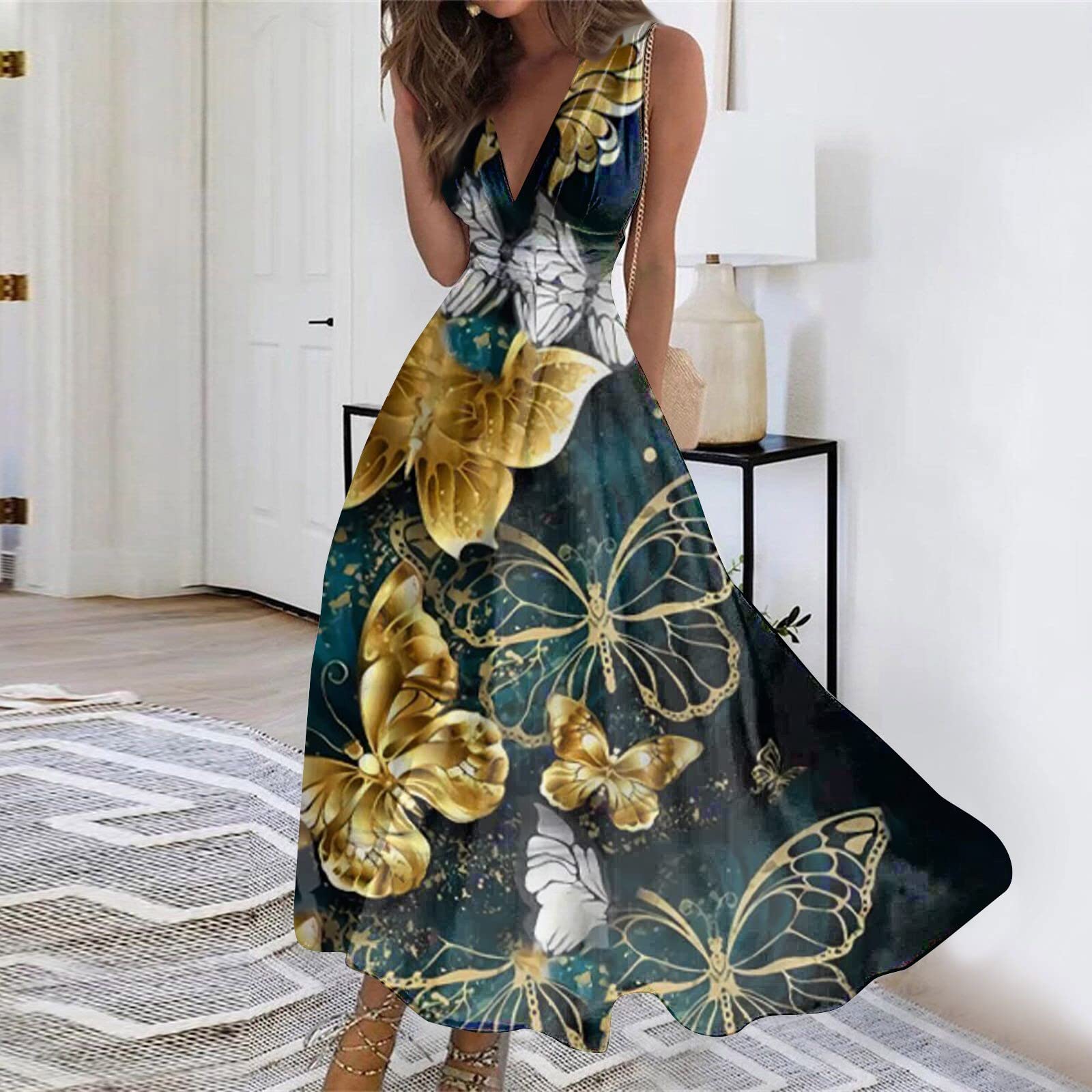Women's Summer Maxi Dress - Sleeveless V-Neck Boho Floral Print Sundress with Waist Accent | Perfect for Beach Vacations, Casual Outings & Boho Fashion