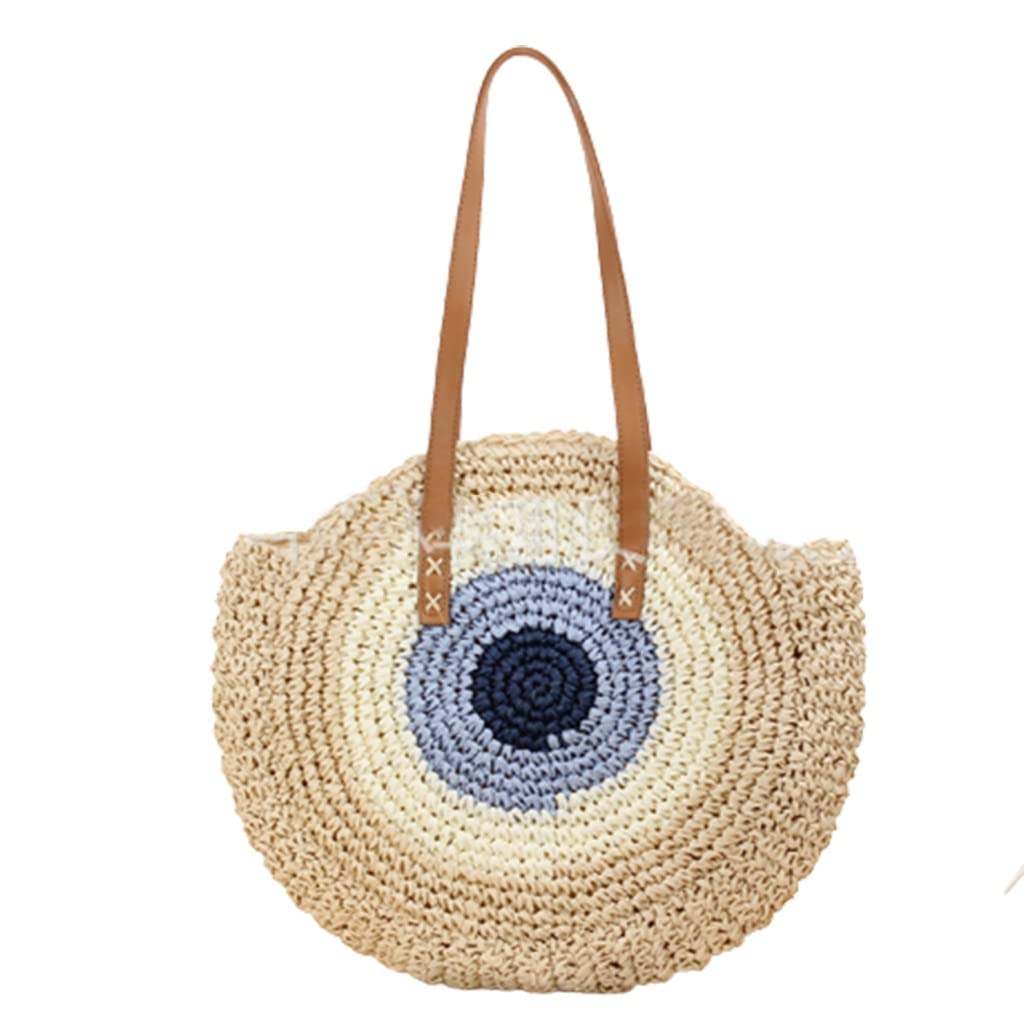 Women's Woven Straw Beach Bag - Round Handmade Shoulder Bag with Handle for Summer, Vacation & Outdoor Use (Color: White) | Perfect for Beach Trips, Picnics & Shopping