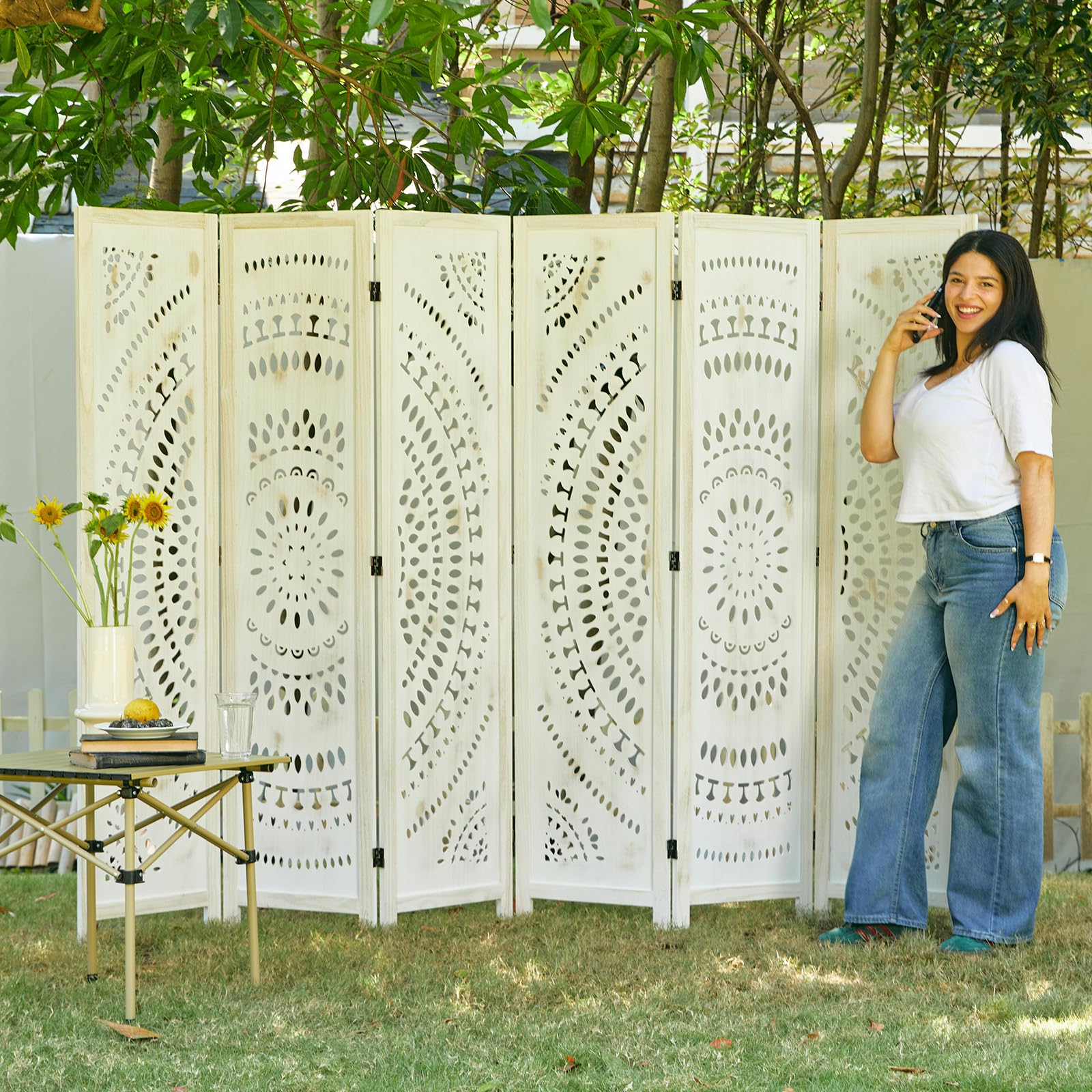 Handcrafted Wooden Room Divider - 6 Panel Folding Partition Screen with Bohemian Carvings, Antique White Finish for Home, Office & Outdoor Spaces | Perfect for Privacy, Room Separation & Decoration in Living Rooms, Bedrooms, Gardens & Terraces