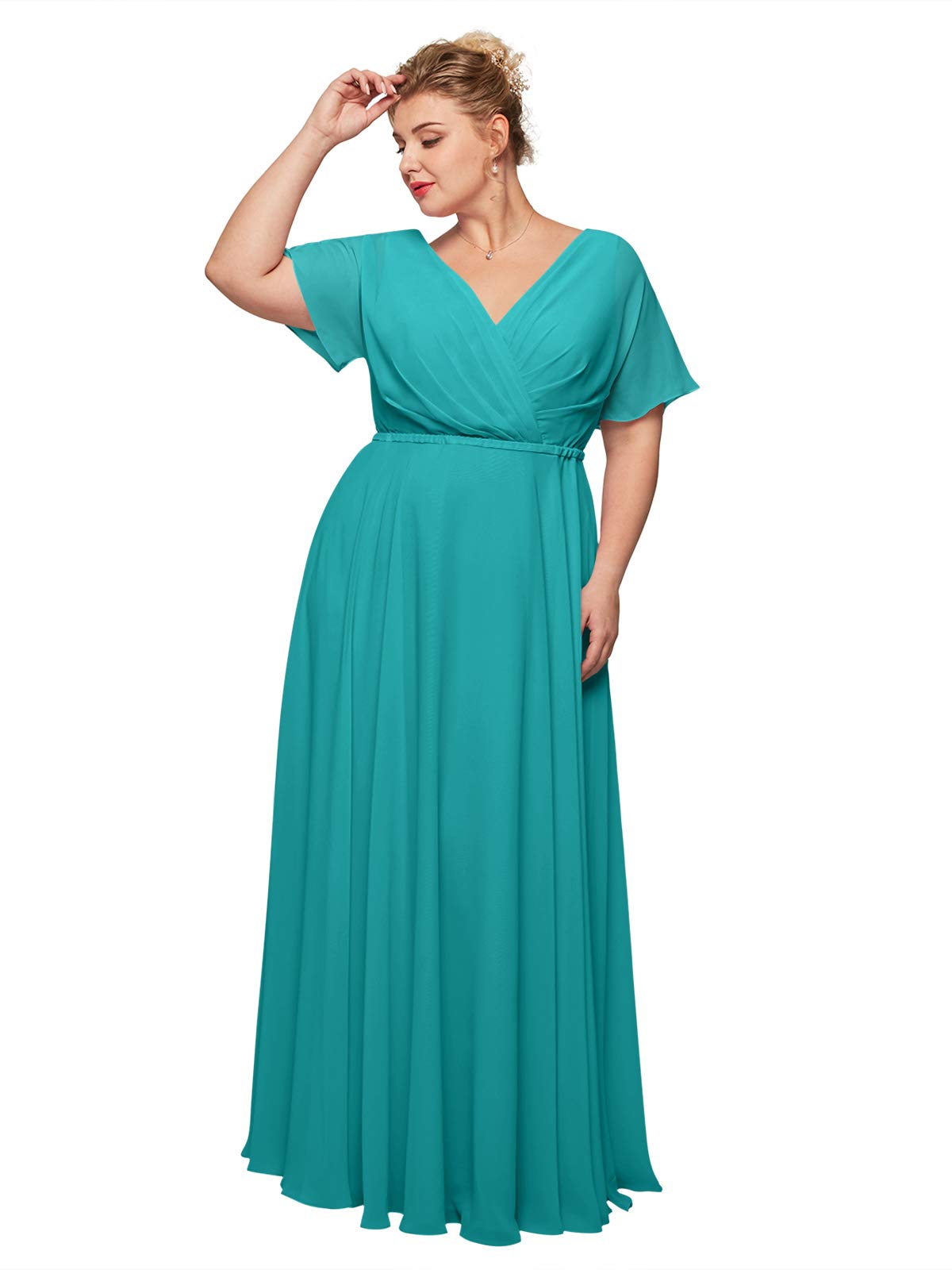 ALICEPUB Women's V-Neck Chiffon Bridesmaid Dress - Long Formal Maxi Evening Gown with Short Sleeves for Wedding Party, Prom, Cocktail Events