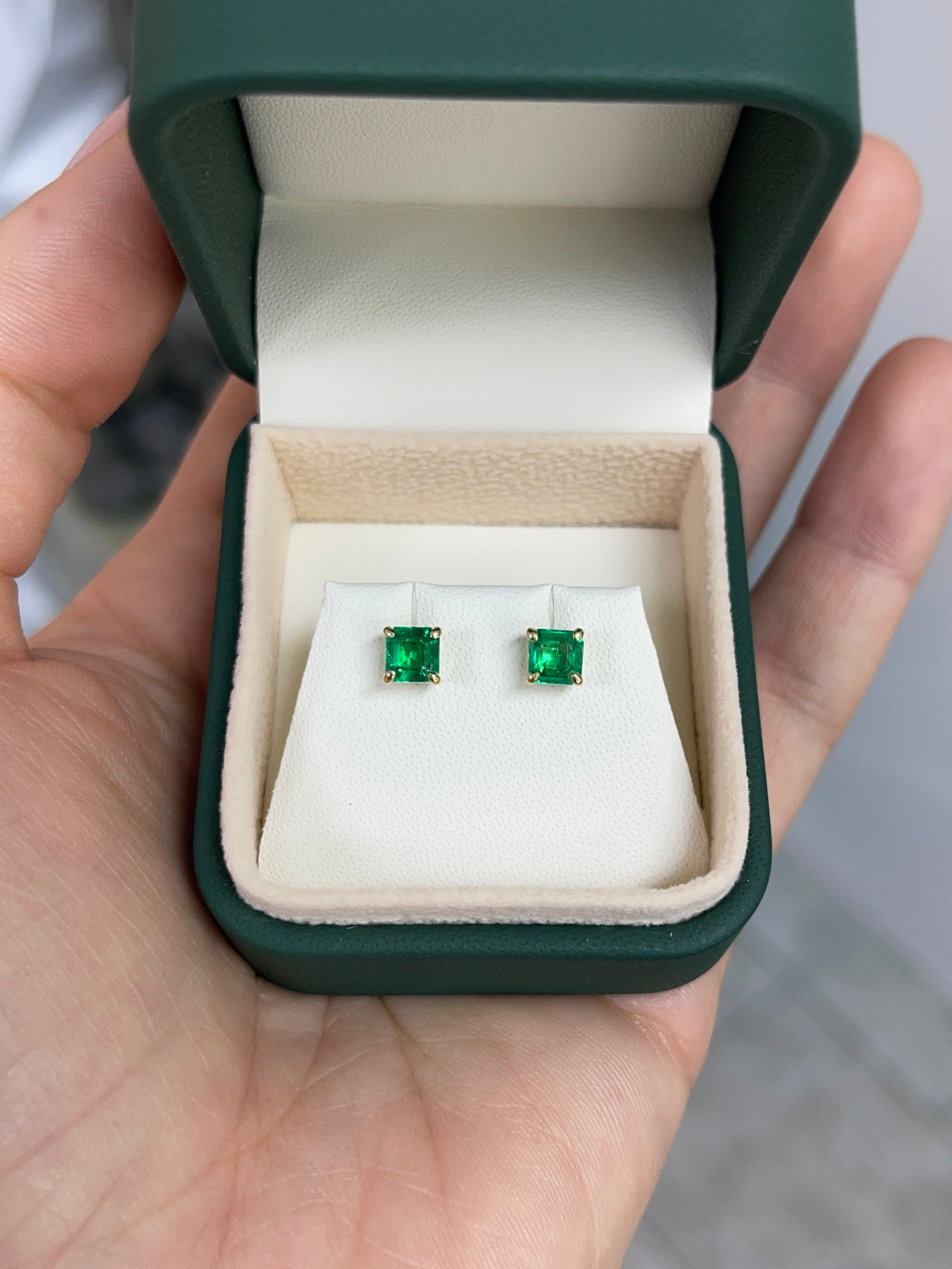 1.13tcw 5x5 AAA+ Muzo Green Asscher Cut Colombian Emerald Stud Earrings in 18K Gold - Perfect for Weddings, Anniversaries & Special Occasions