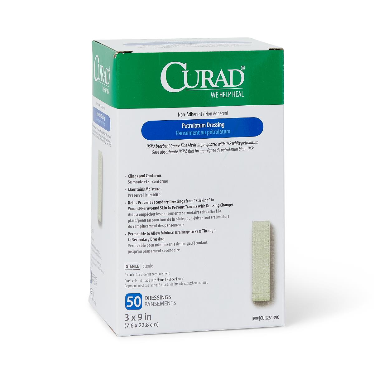 CURAD Sterile Non-Adherent Petrolatum Gauze Dressing 3x9 Inches, Box of 50 | First Aid Wound Care for Burns, Cuts & Abrasions | Medical Grade Bandage Pads for Healing & Protection