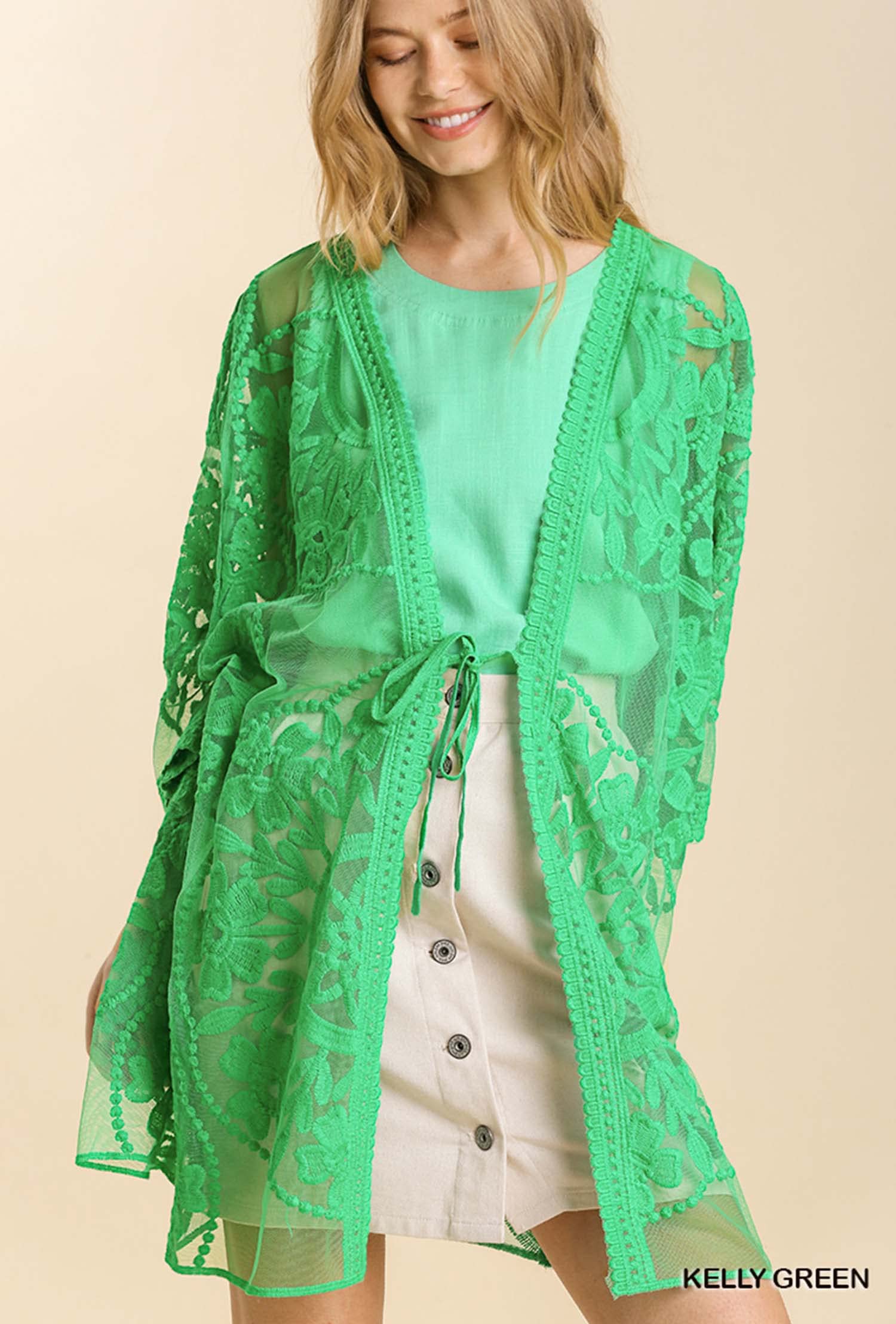 Umgee Women's Crochet Floral Lace Open Front Kimono Cardigan with Waist Tie - Boho Beach Cover Up, Summer Wedding Shawl & Casual Lace Jacket