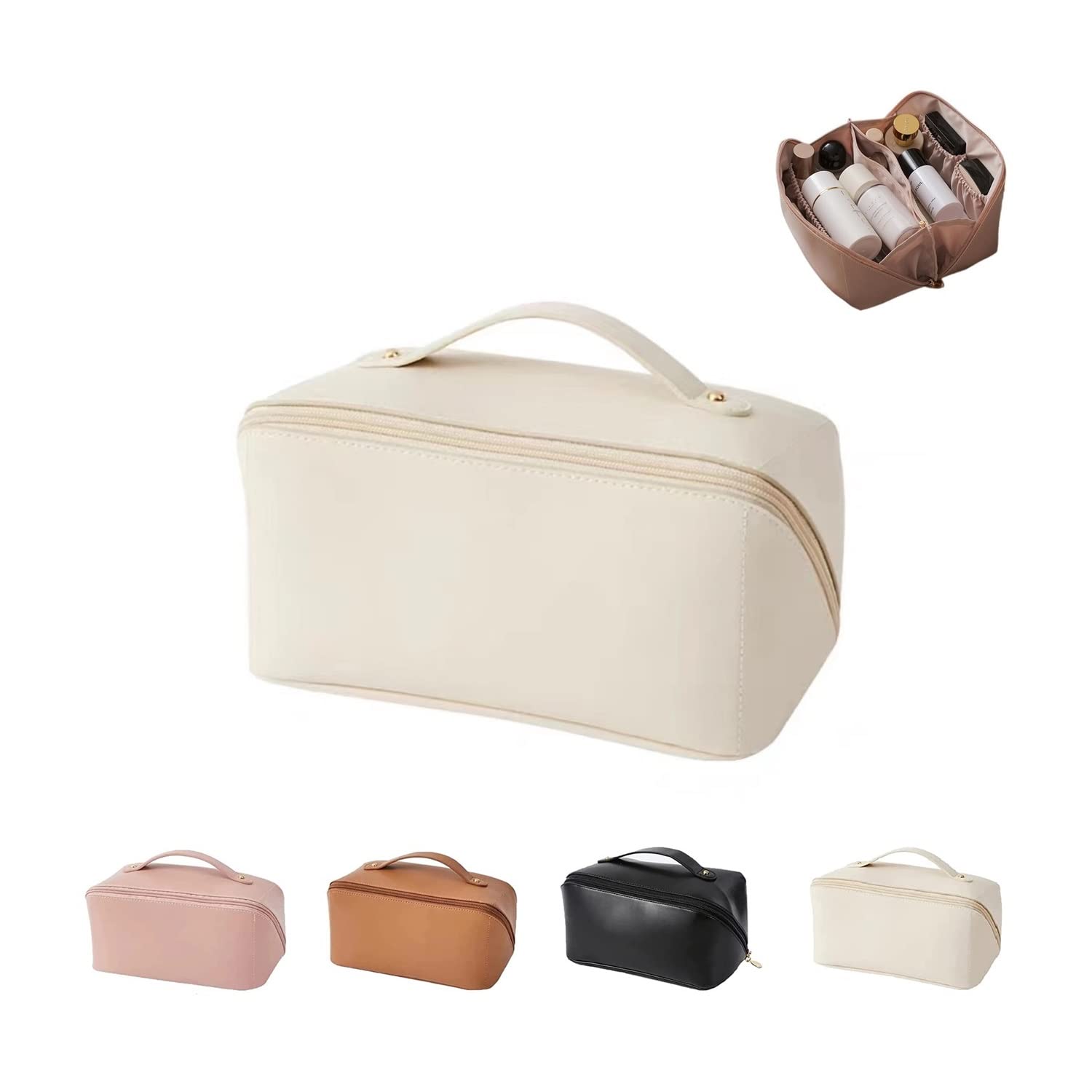2024 Premium Large Capacity Leather Travel Makeup Bag - Waterproof Cosmetic Organizer with Handle & Multiple Compartments for Skincare, Cosmetics & Toiletries | Perfect for Travel, Gym & Daily Use (D-White)