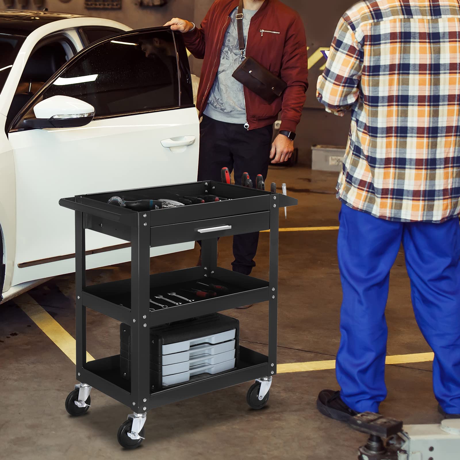 TUFFIOM 3-Tier Heavy Duty Rolling Tool Cart with Drawer & Wheels - 330 LBS Capacity Industrial Utility Cart with 2 Brakes - Perfect Tool Organizer for Mechanics, Garage, Warehouse & Repair Shop - Ideal for Automotive, DIY Projects & Workshop Organization