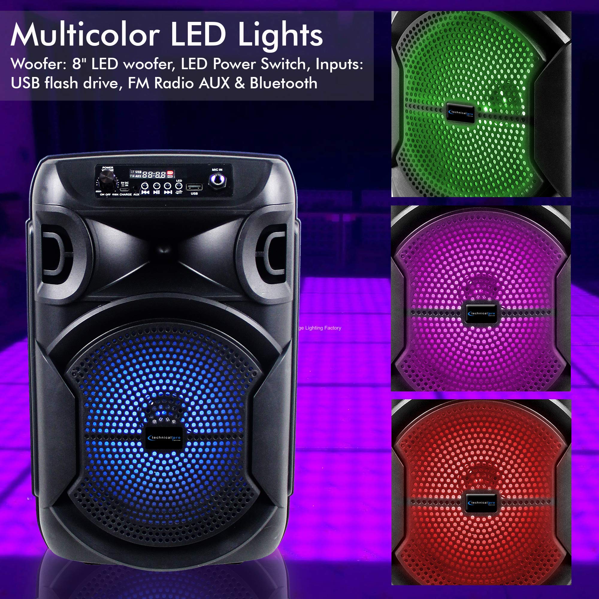 Technical Pro 8 Inch Portable 800W Bluetooth Speaker with Woofer & Tweeter - Wireless PA System with LED Lights, Bluetooth/USB/SD Card Support, TWS for Dual Speaker Setup | Perfect for Outdoor Parties, Festivals & Home Entertainment