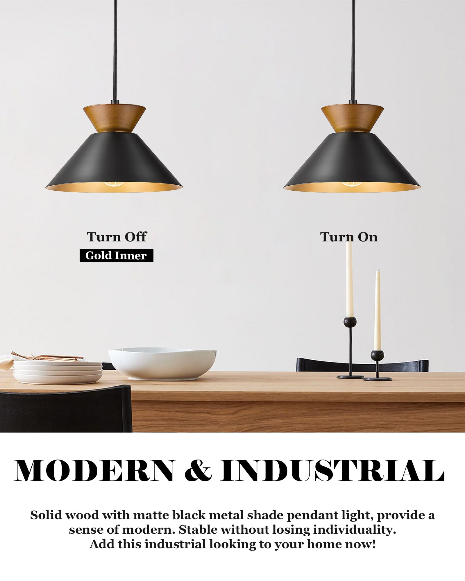ELYONA 3 Pack Modern Pendant Lights for Kitchen Island - Solid Wood Hanging Lamps with Matte Black Metal Shade & Gold Inner Finish - Farmhouse Style Lighting Fixtures for Dining Room, Bedroom, Living Room - Perfect for Home Decor, Restaurant, and Cafe Ambiance