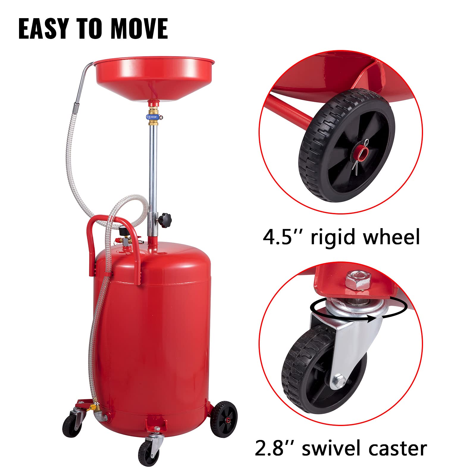 VEVOR 20 Gallon Portable Waste Oil Drain Tank - Air Operated Oil Change Container with Adjustable Funnel Height & Wheels for Easy Fluid Fuel Transfer | Perfect for Auto Shops, DIY Garage Oil Changes & Industrial Drainage Solutions