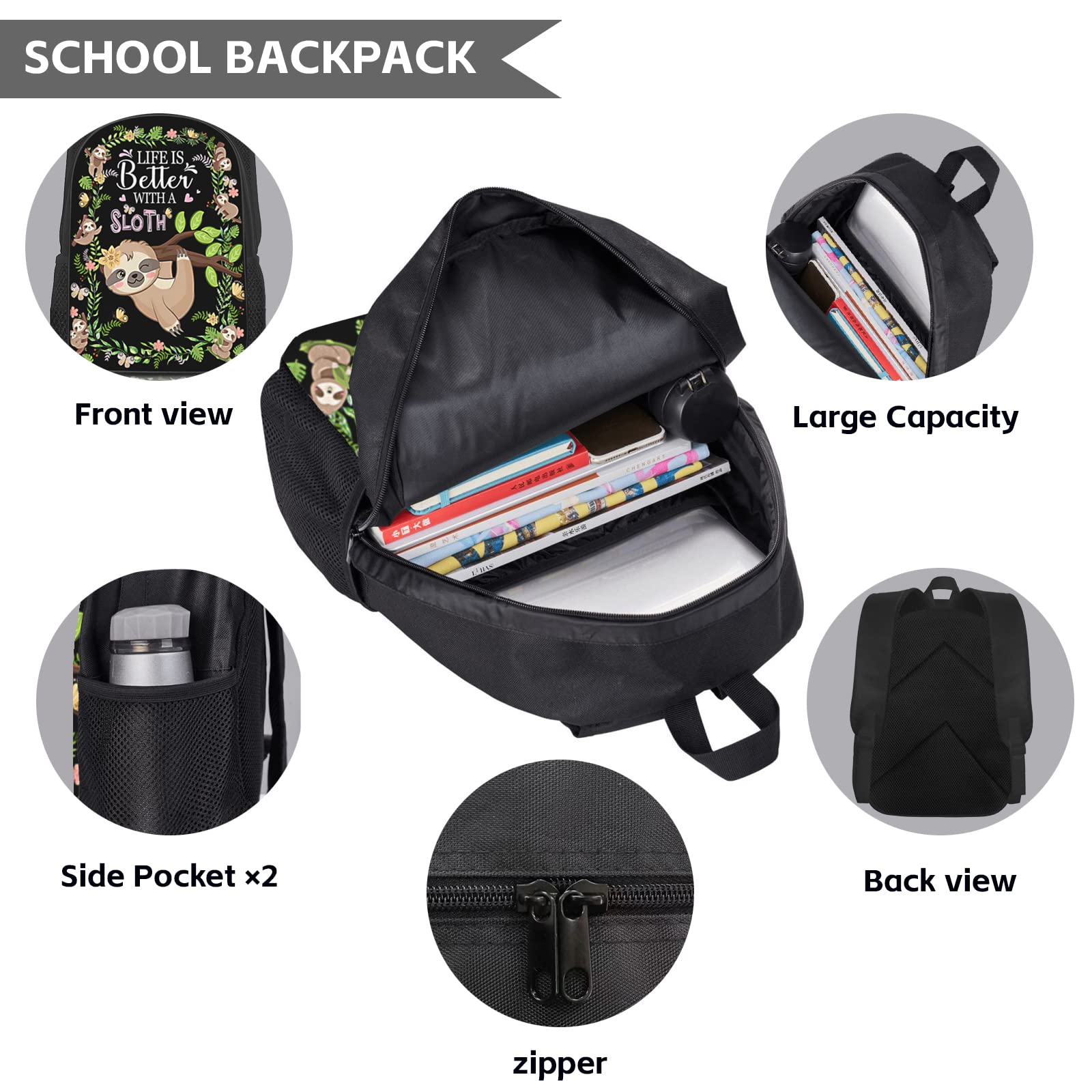 SENROLAN 3-Piece Sloth Backpack Set with Lunch Bag & Pencil Case - Cute School Backpack, Book Bag for Travel, Hiking - Perfect for Girls, Boys, Men & Women - Ideal for School, Work, Outdoor Adventures & Daily Use