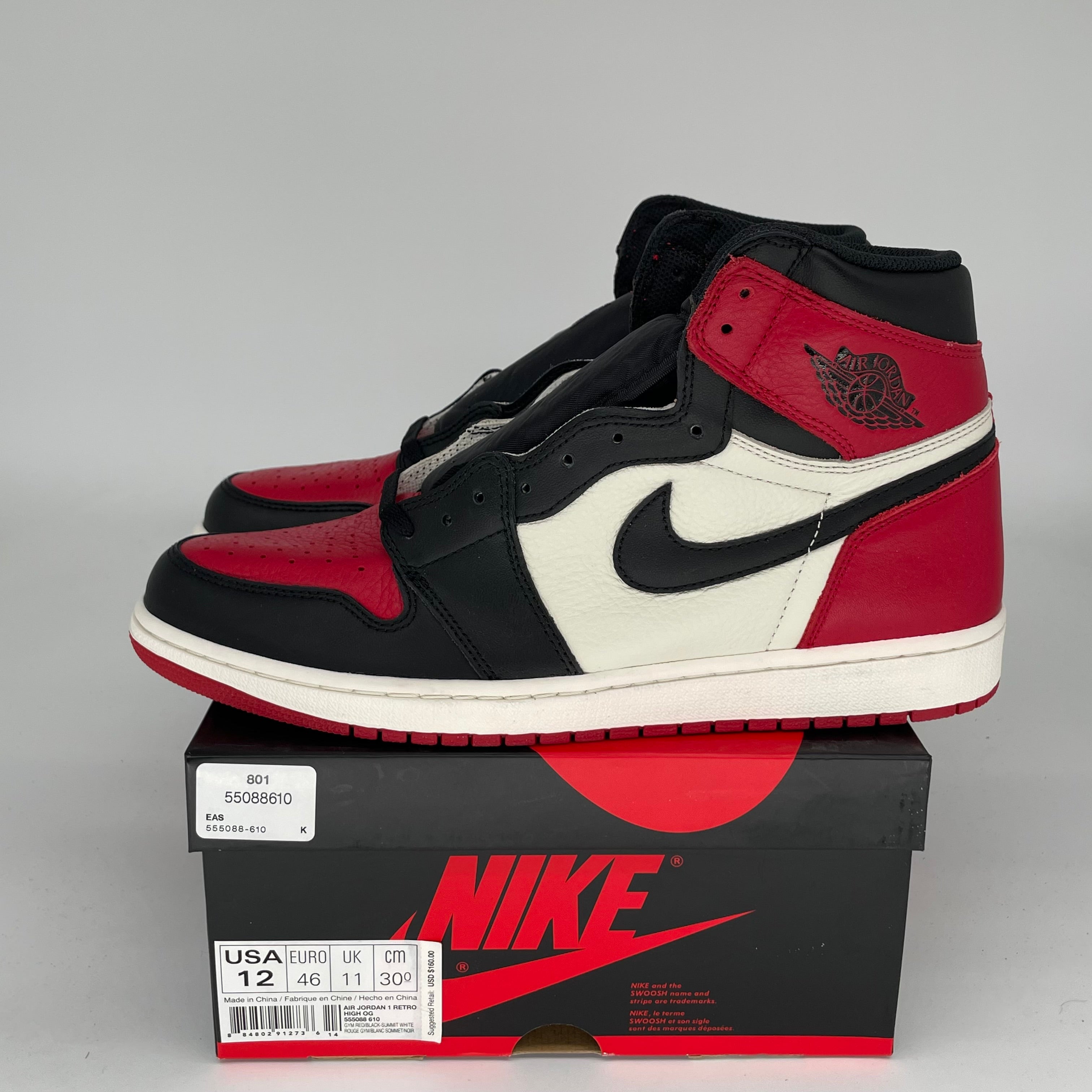 Air Jordan 1 Retro High OG 'Bred Toe' Men's Basketball Shoes Size 12 (555088-610) - Perfect for Sneaker Collectors & Streetwear Fashion