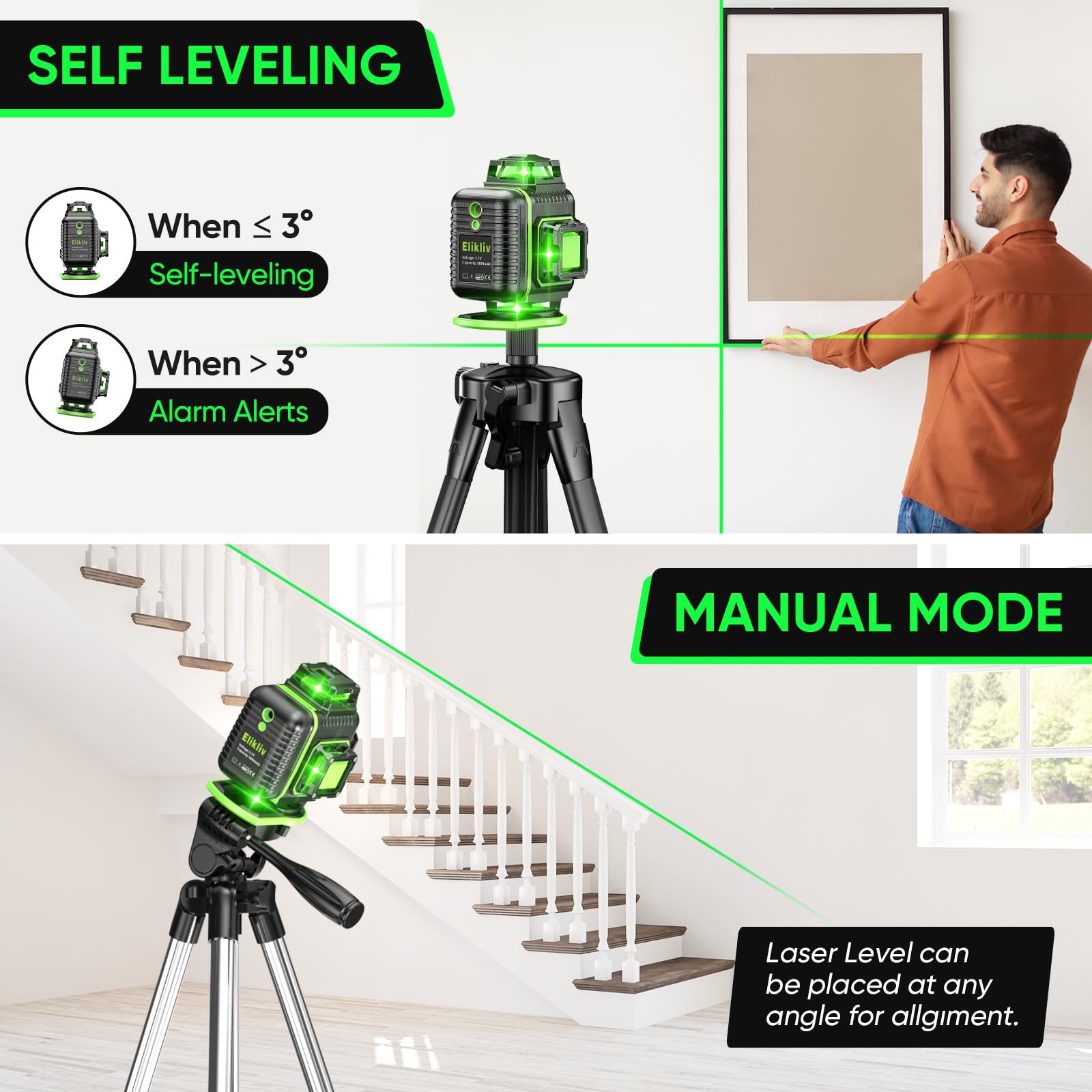 Elikliv 4D 360° Self-Leveling Green Laser Level with Tripod - 165Ft Range, 4x360° Cross Line Laser for Construction, Picture Hanging, Tile Flooring & Home Renovation | Perfect for DIY Projects, Wall Alignment, and Professional Building Work