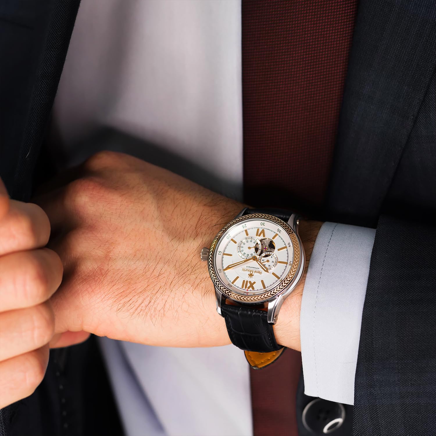 René Mouris Men's Automatic Watch - 44mm Stainless Steel Semi-Skeleton Design, Sapphire Coated Mineral Crystal, 100M Waterproof with Leather Strap - Perfect for Business, Casual Wear & Outdoor Activities