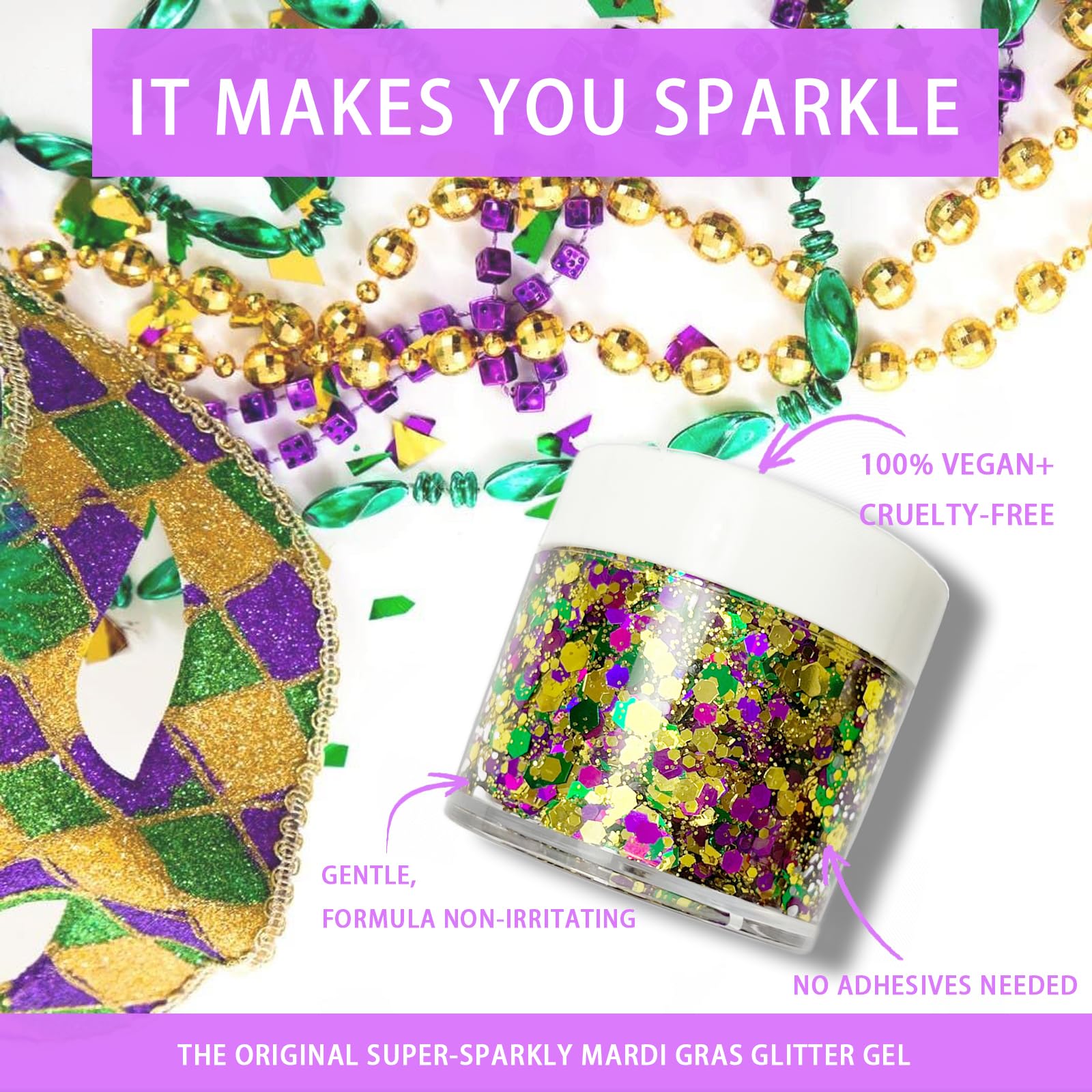 Color Changing Mardi Gras Glitter Gel for Body, Face, Hair & Lips - UV Reactive Sparkle Makeup for Festivals, Parties & Cosplay