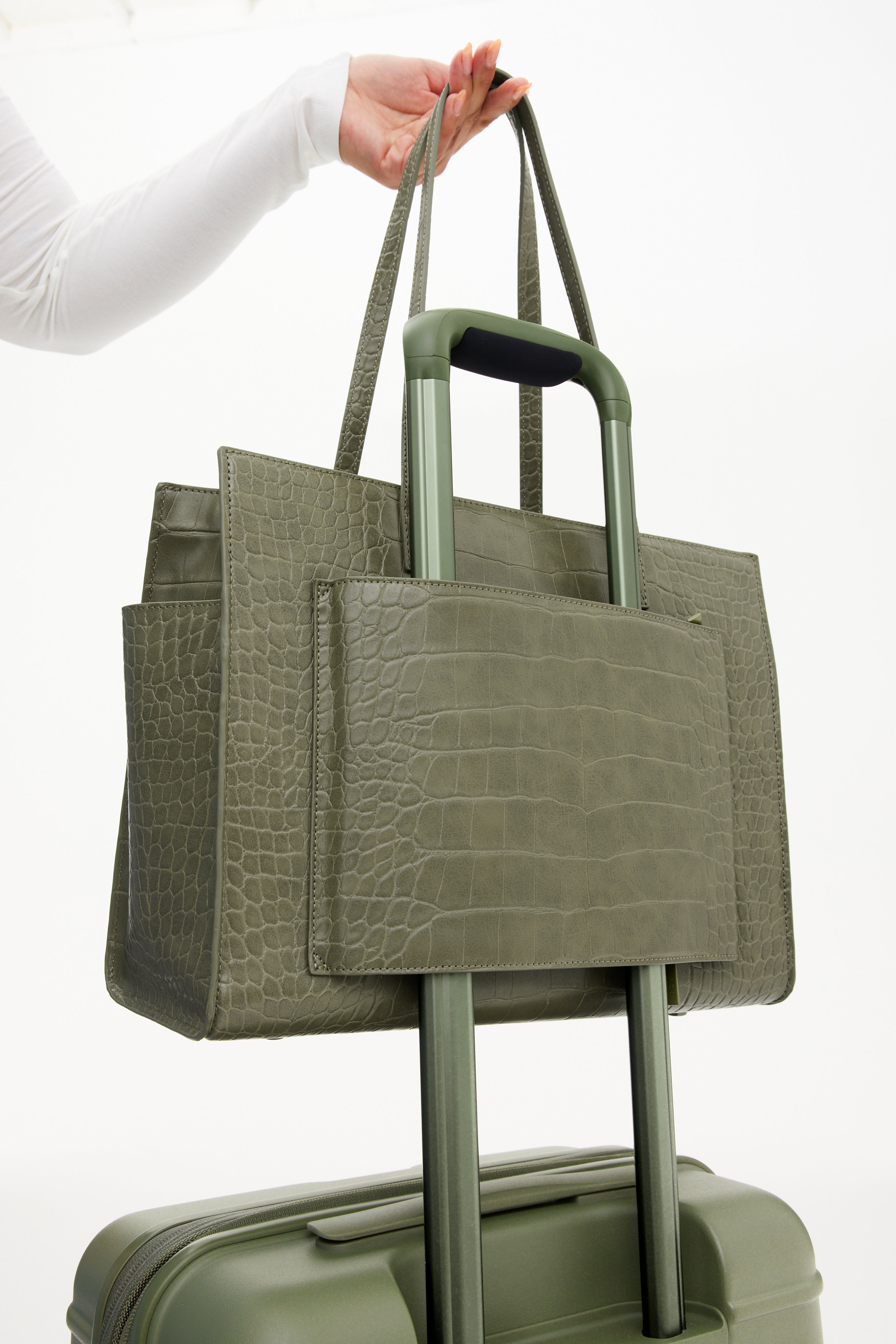 Premium Olive Croc Leather Work Tote Bag for Women - Stylish & Durable Professional Office Bag, Commuter Laptop Tote, Business Travel & Work Essentials Organizer