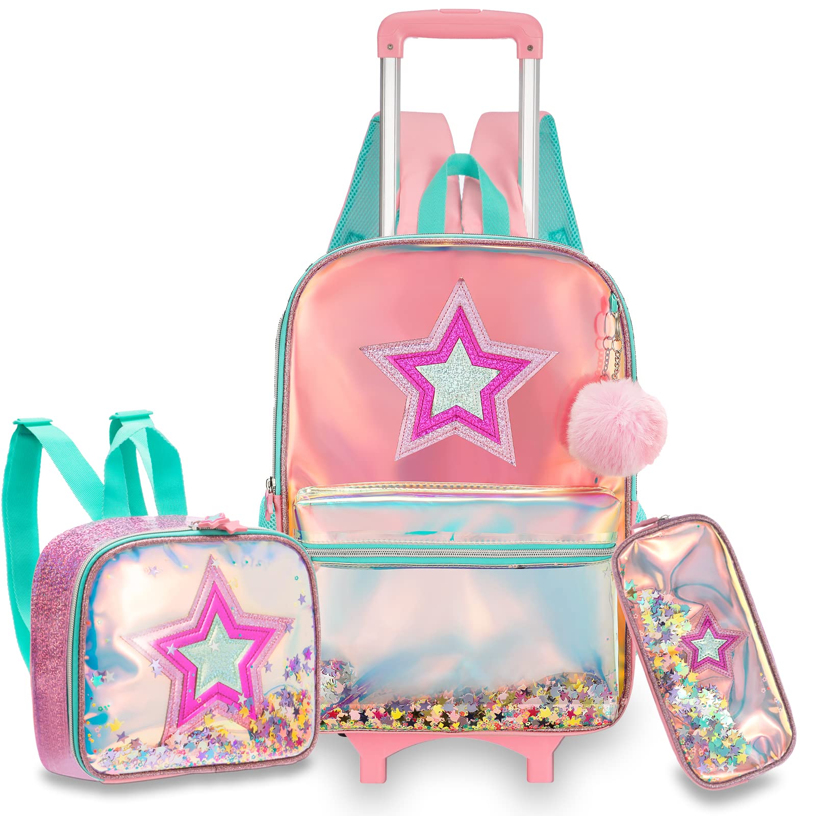 **Egchescebo Rolling Backpack for Girls - Pink Wheeled School Backpack with Lunch Box (3-Piece Set) - Perfect for School, Travel & Daily Use**