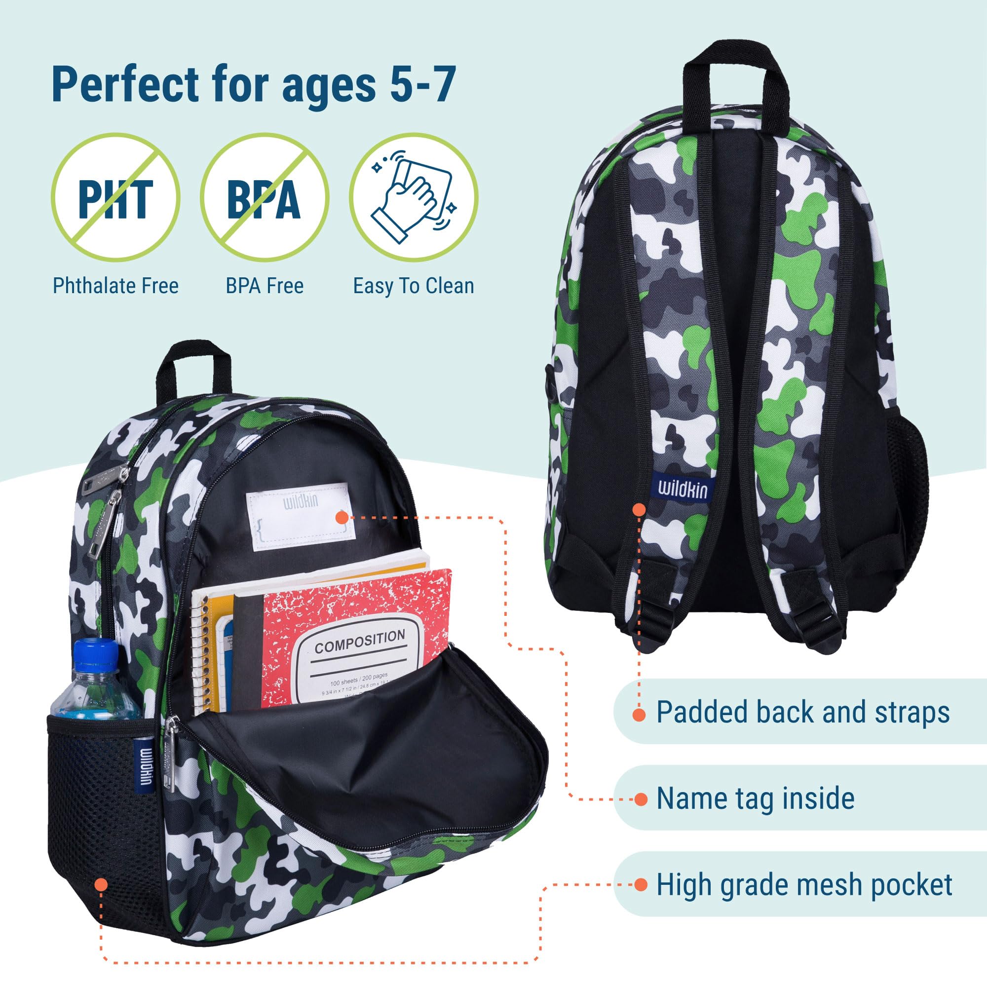 Wildkin 15 Inch Kids Backpack with Lunch Box Set - Green Camo Print | Durable School Backpack for Boys & Girls | Perfect for School, Travel & Outdoor Adventures