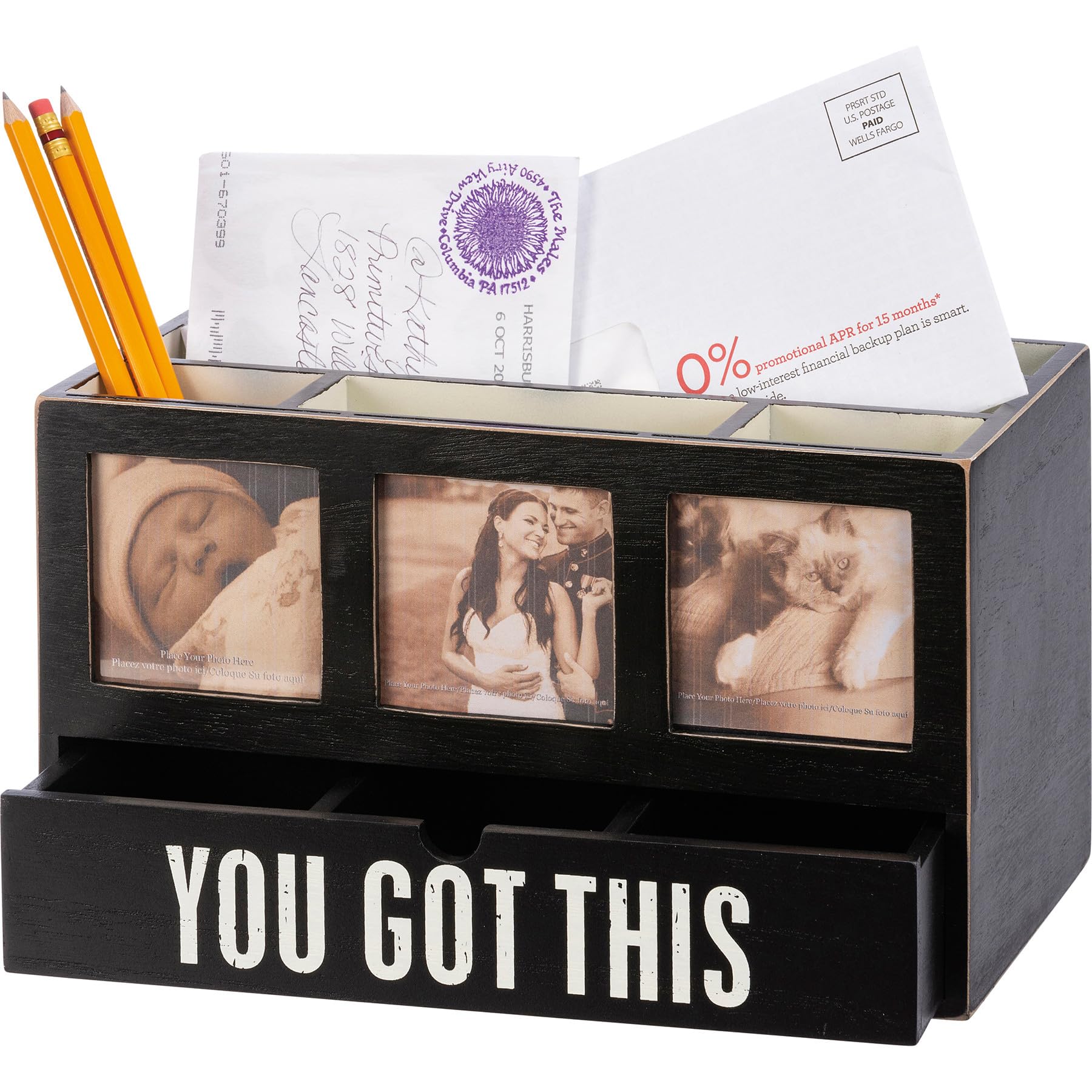 Primitives by Kathy 'You Got This' Wooden Desk Organizer with Drawer & Picture Frames - Office Decor for Home, Workstation & Gift Ideas