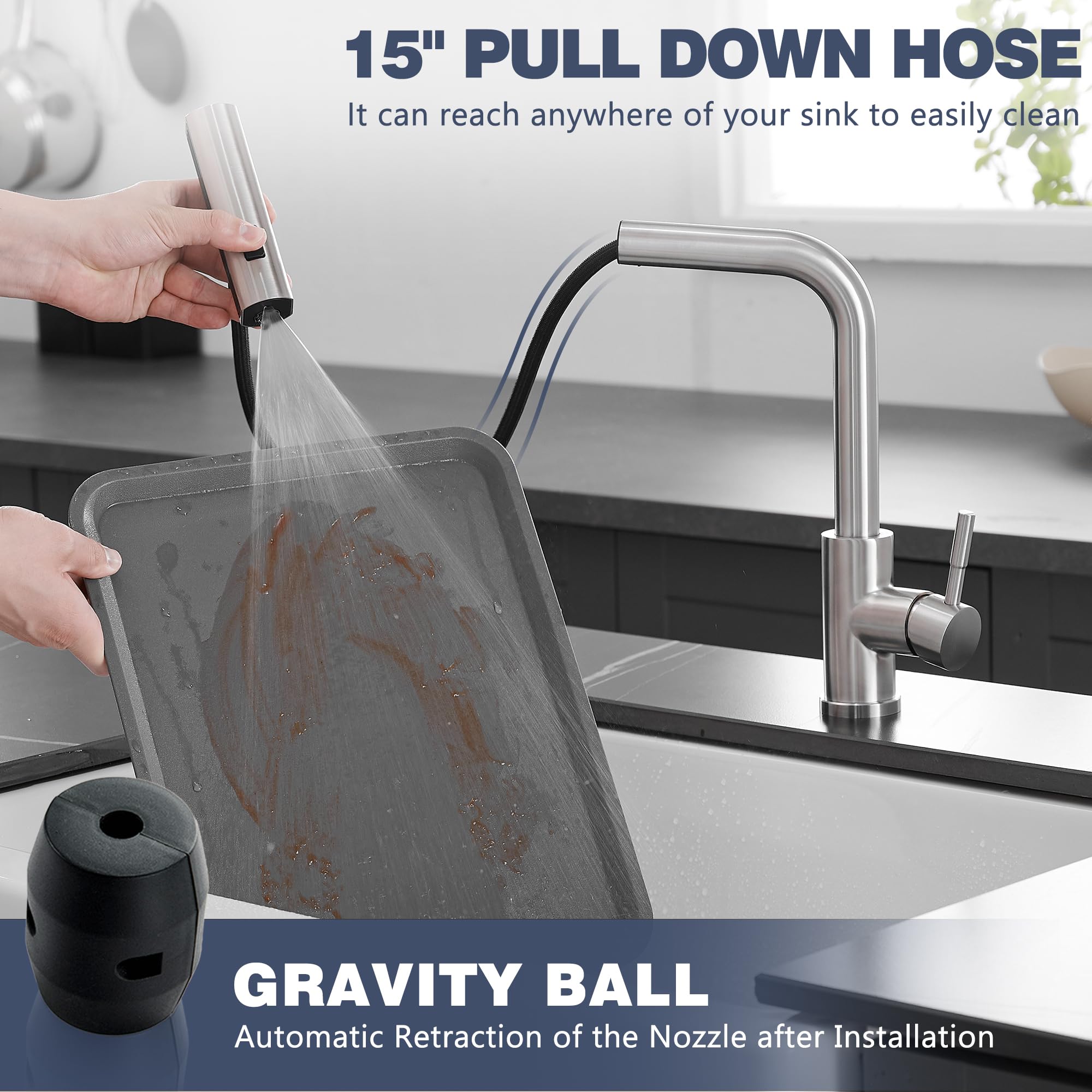 GIMILI Brushed Nickel Single Hole Kitchen Faucet with Pull Down Sprayer - Stainless Steel Commercial Modern Waterfall Sink Faucet for Home & Restaurant Use
