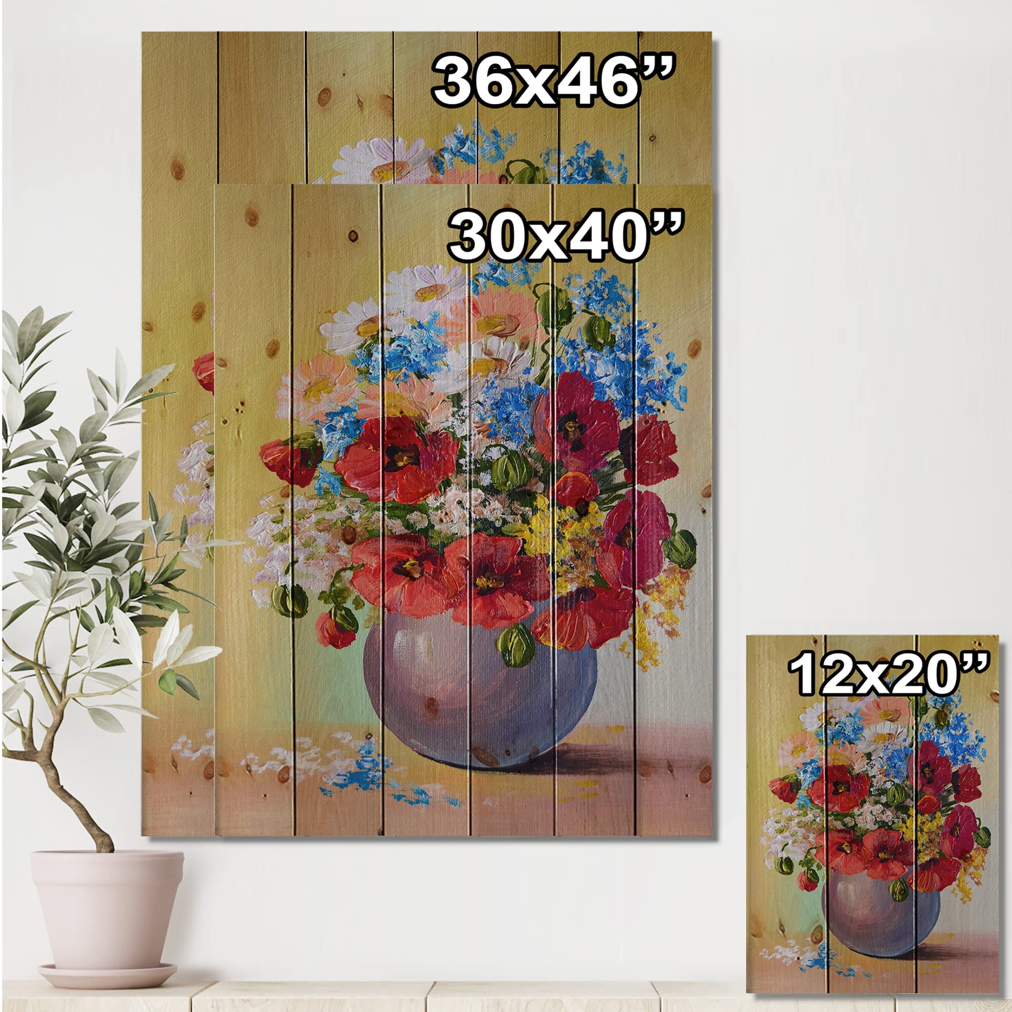 Traditional Wood Wall Decor - Still Life Bouquet of Red and Blue Flowers, Large Floral Wood Wall Art Panels Printed on Natural Pine | Perfect for Living Room, Bedroom, and Home Office Decoration