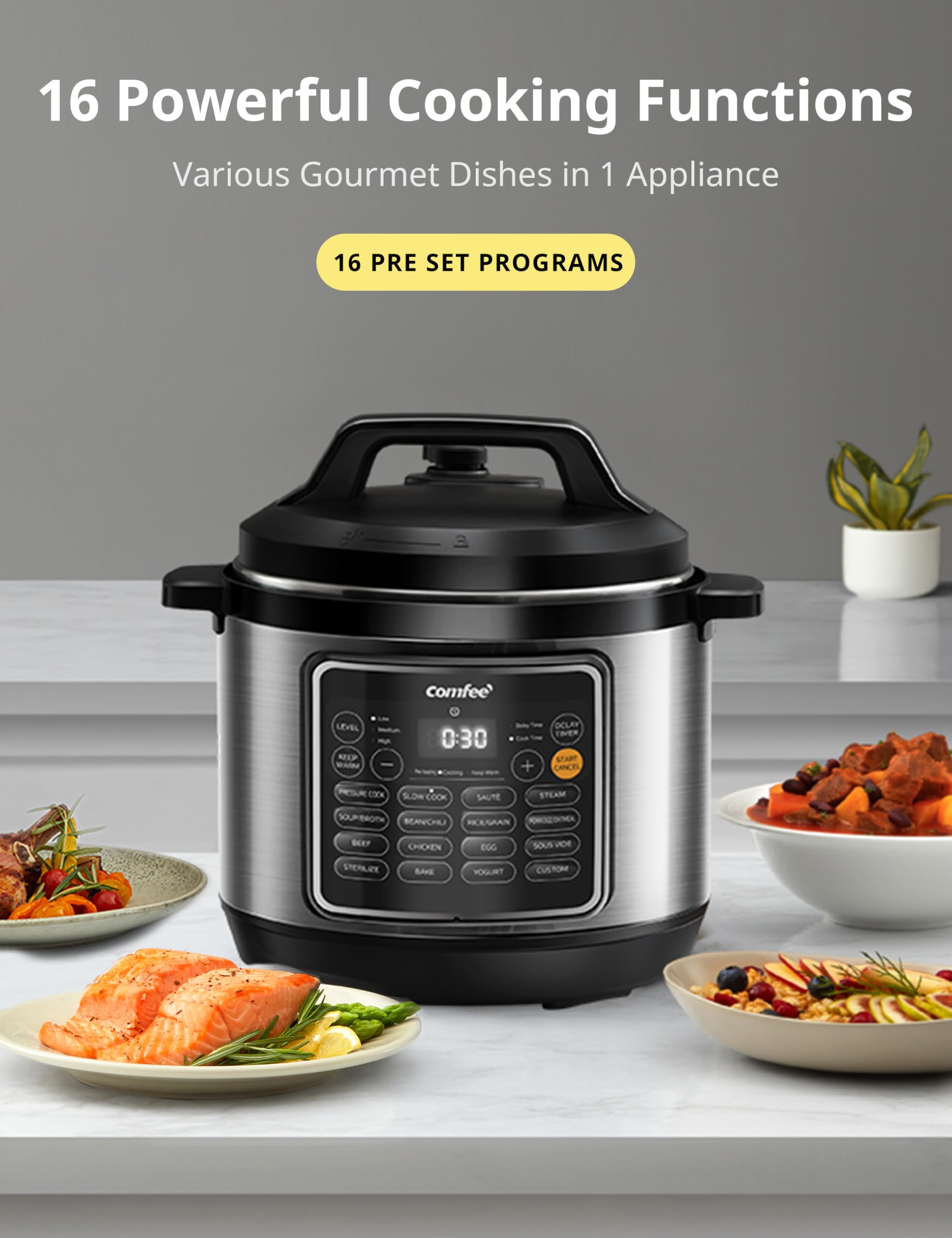 COMFEE’ 8 Quart Electric Pressure Cooker with 16-in-1 Multi-Cooker Functions, Non-Stick Ceramic Inner Pot for Rice, Yogurt, Slow Cooking & Sautéing - Perfect for Meal Prep, Family Dinners & Healthy Cooking