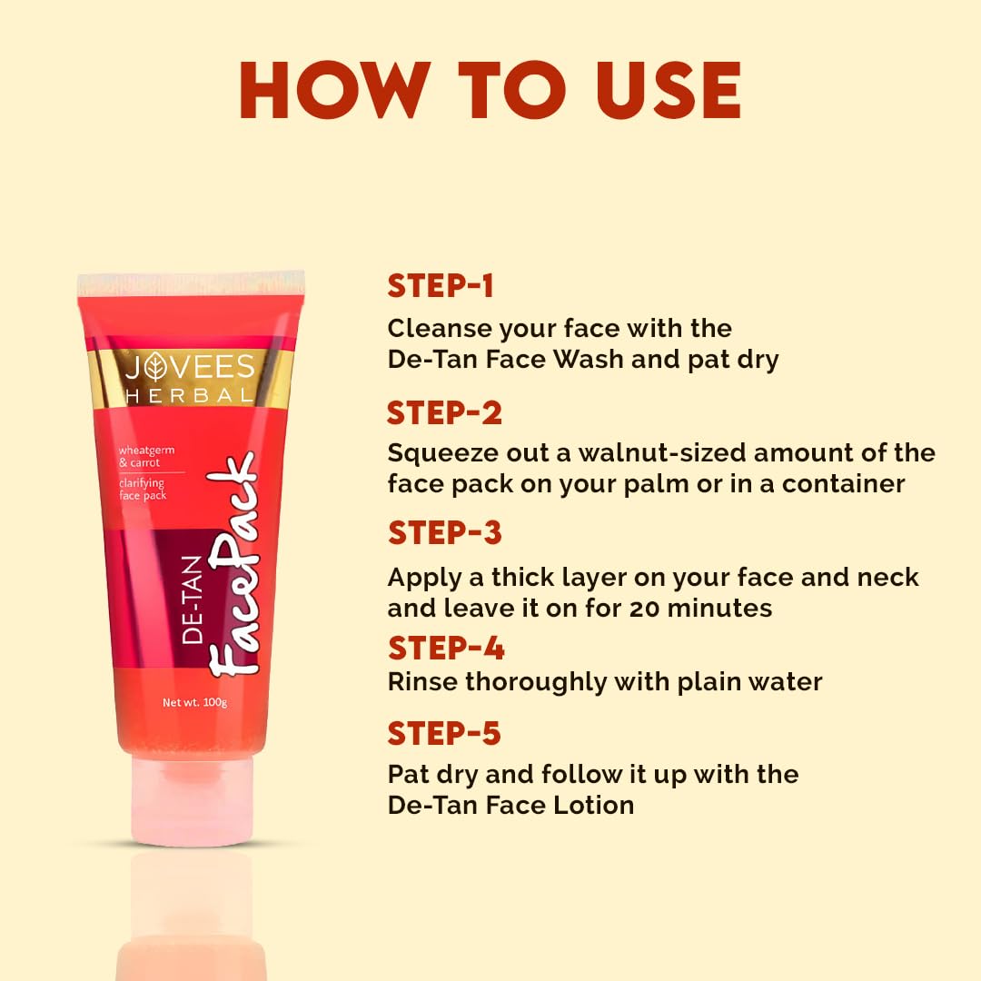 Jovees Herbal De-Tan Face Pack with Wheat Germ & Carrot | Natural Tan Removal & Skin Brightening Treatment | 100% Herbal, Paraben & Alcohol Free | 100g | Perfect for Sun-Damaged Skin & Post-Vacation Glow Recovery