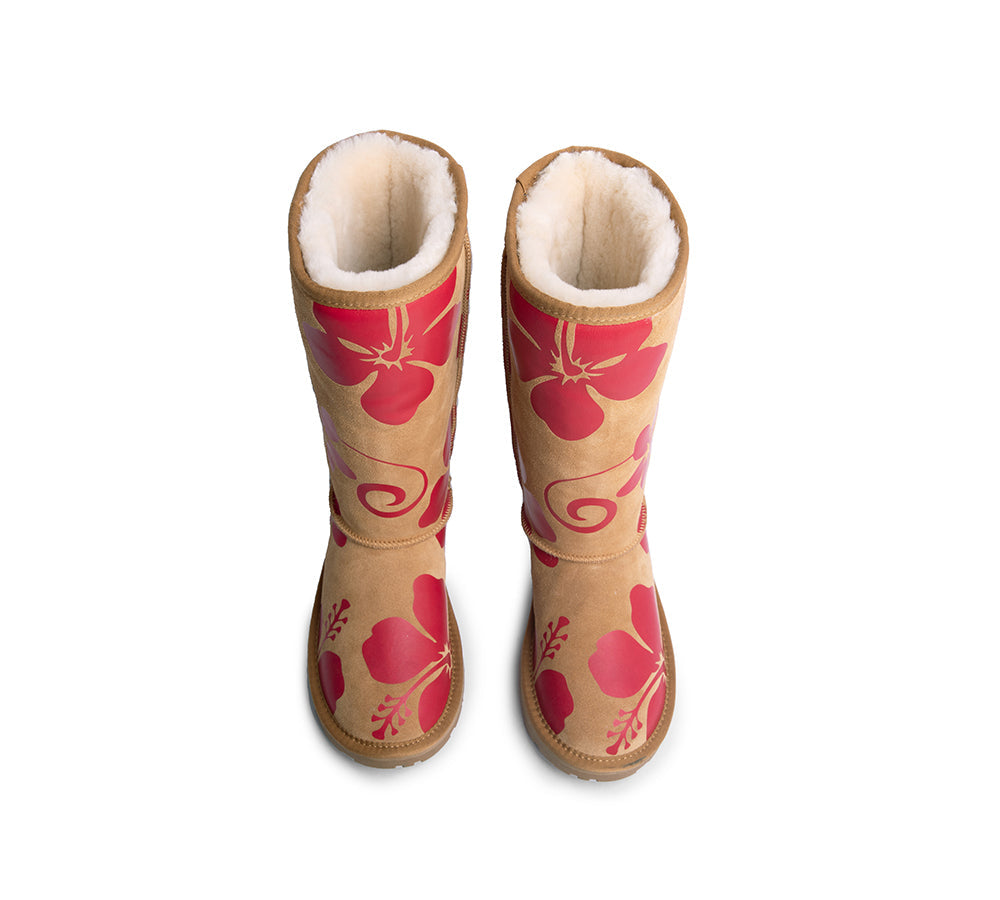 EVERAU® Women's UGG Boots - Genuine Sheepskin Wool, Red Floral Print, Tall Classic Suede Boots, Size EU41 (US Women's 10) - Cozy Winter Fashion for Casual Outfits & Outdoor Activities