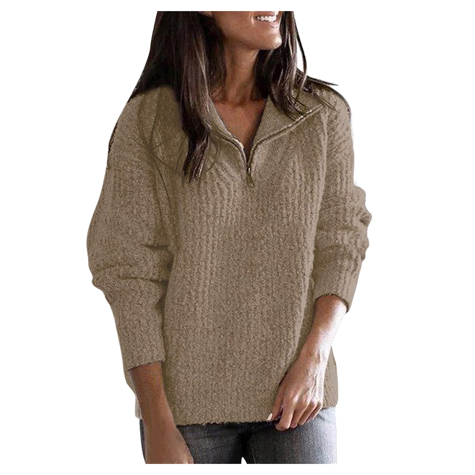 Women's Solid Color Zipper V-Neck Knit Sweater - Fall Winter Pullover Top for Casual Wear, Office & Date Nights