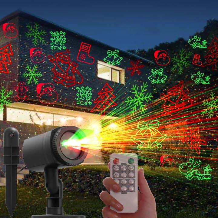 Christmas Projector Lights Outdoor with Remote - 12 Holiday Decoration Patterns (Red/Green) - Indoor/Outdoor Yard Party Garden Decor for Xmas, Halloween, Birthday & Events - Waterproof LED Projection Light for House, Lawn, Wall, Fence & Patio Decorating
