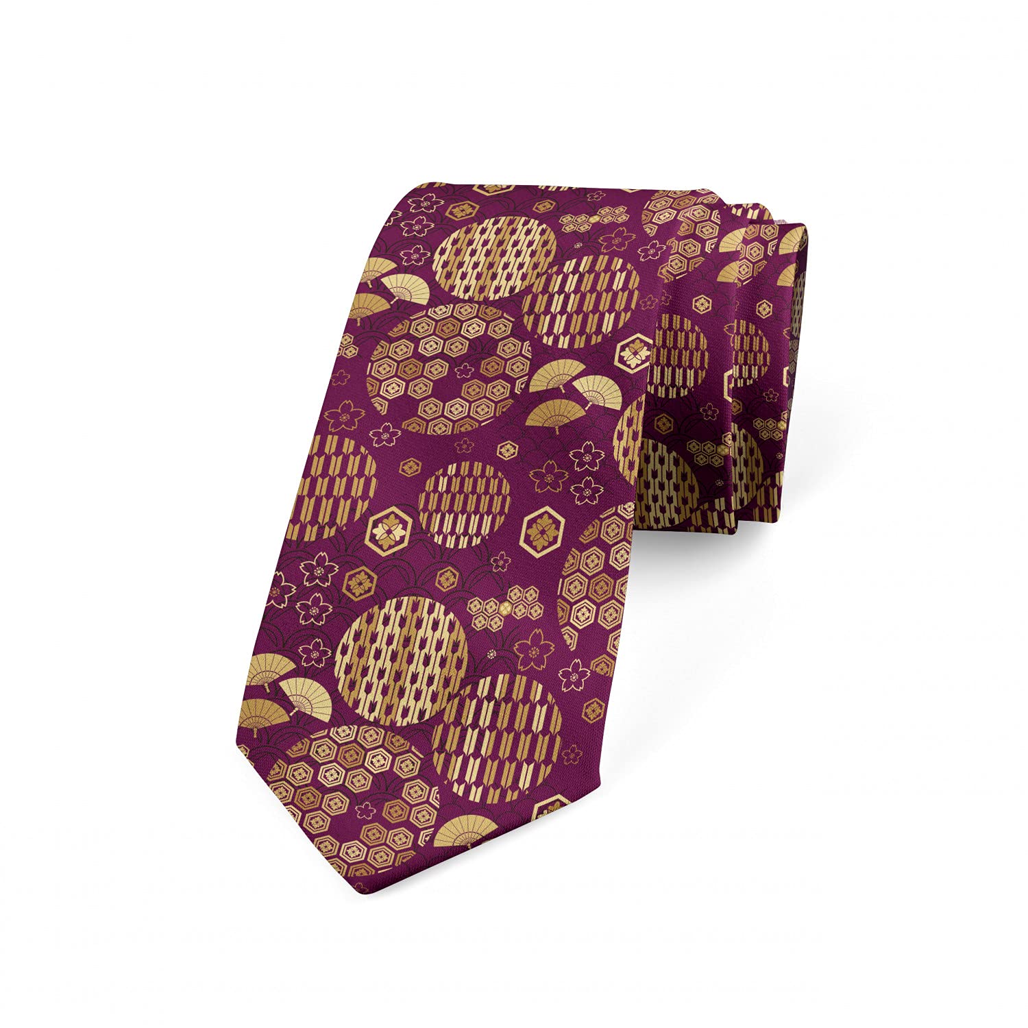 Ambesonne Men's Silk Tie - Elegant Hand Fans Pattern, 3.7 Inch Width, Dark Magenta & Sand Brown - Perfect for Business Meetings, Weddings & Formal Events