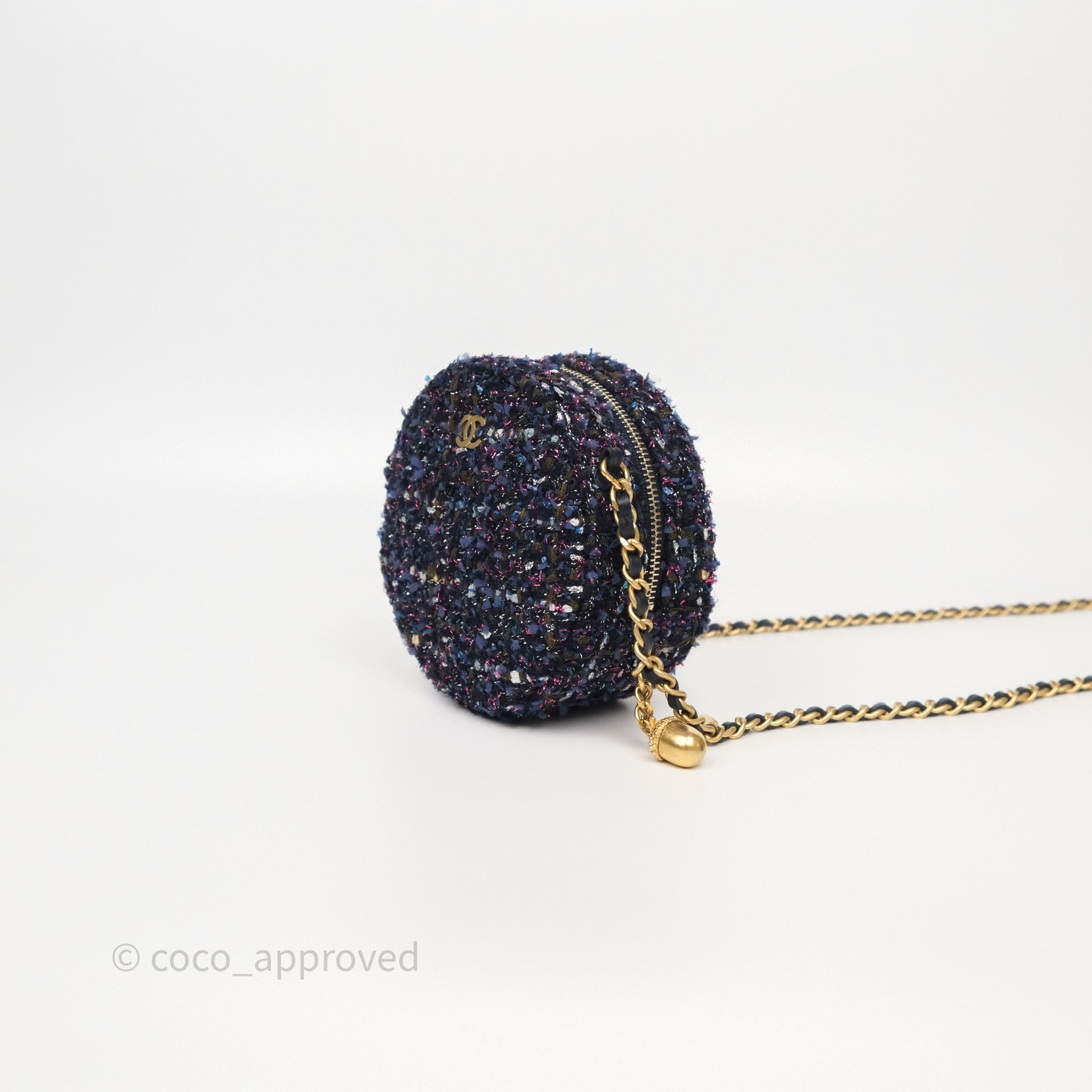 Chanel Navy Purple Tweed Round Clutch Bag with Chain & Aged Gold Hardware - Elegant Evening Clutch for Parties, Weddings & Special Events