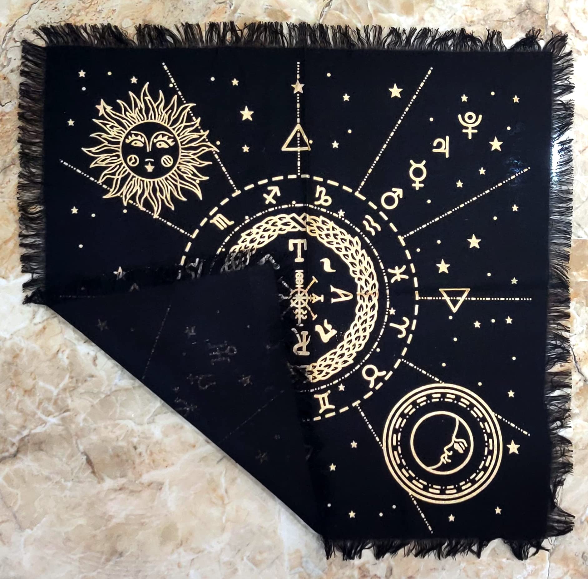 INDACORIFY Celestial Constellation Altar Cloth - 18x18 Inch Golden Tarot Spread with Fringes for Witchcraft, Wicca & Spiritual Practices | Perfect for Rituals, Divination & Sacred Space Decor