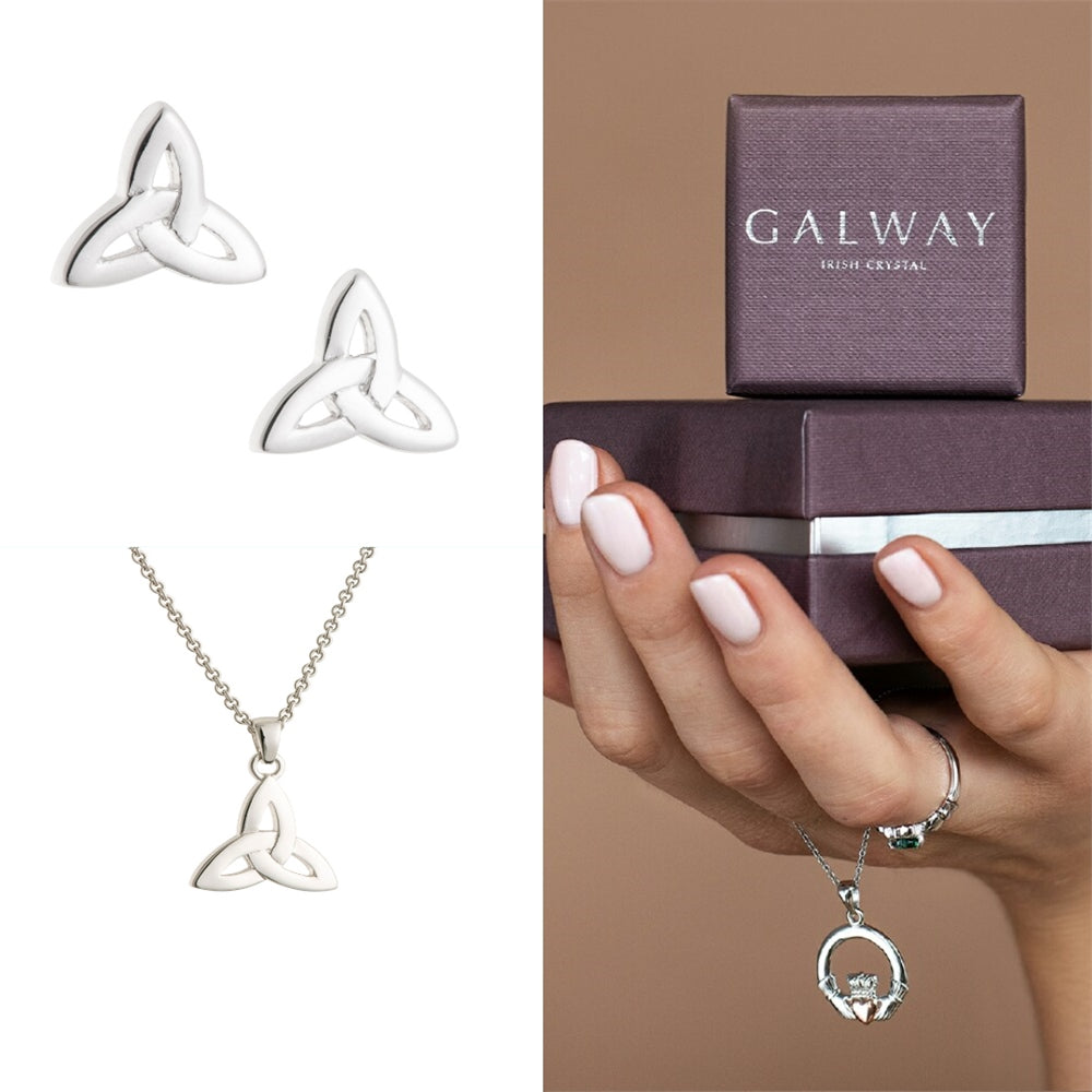 Galway Crystal Trinity Knot Sterling Silver Pendant Necklace & Earrings Set - Elegant Irish Jewelry for Women, Gift for Her, St. Patrick's Day & Special Occasions