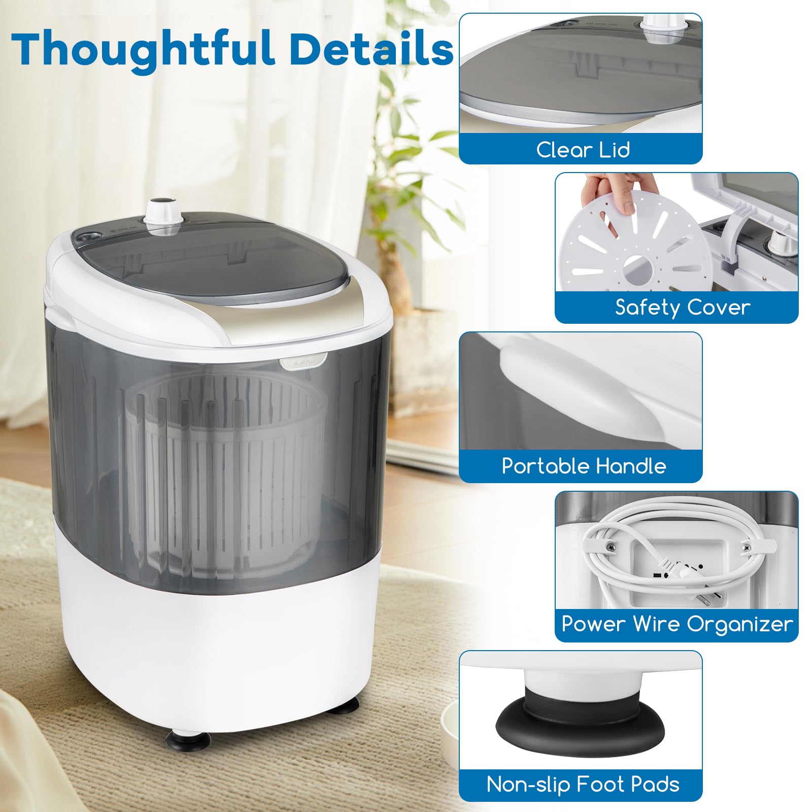 COSTWAY 5.5 lbs Mini Portable Washing Machine | Compact Single Tub Laundry Washer with Rotary Control | Perfect for Apartments, Dorms, RVs & Small Spaces | Grey | Ideal for Travel, Camping & Limited Living Areas