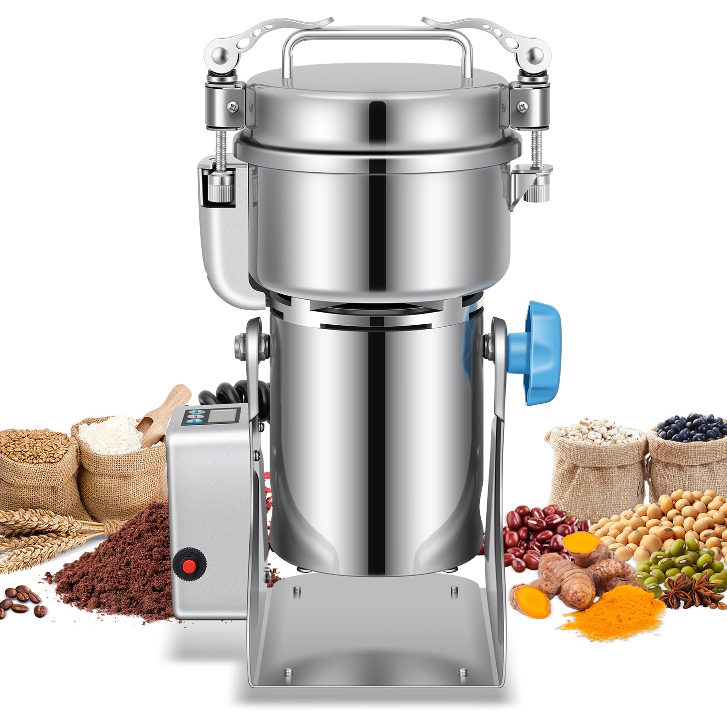 Commercial Electric Grain Mill Grinder 1500W - 500g Stainless Steel Spice Grinder for Wheat, Oats, Corn, Pepper & Coffee Beans - Perfect for Kitchen, Bakery & Coffee Shop Use