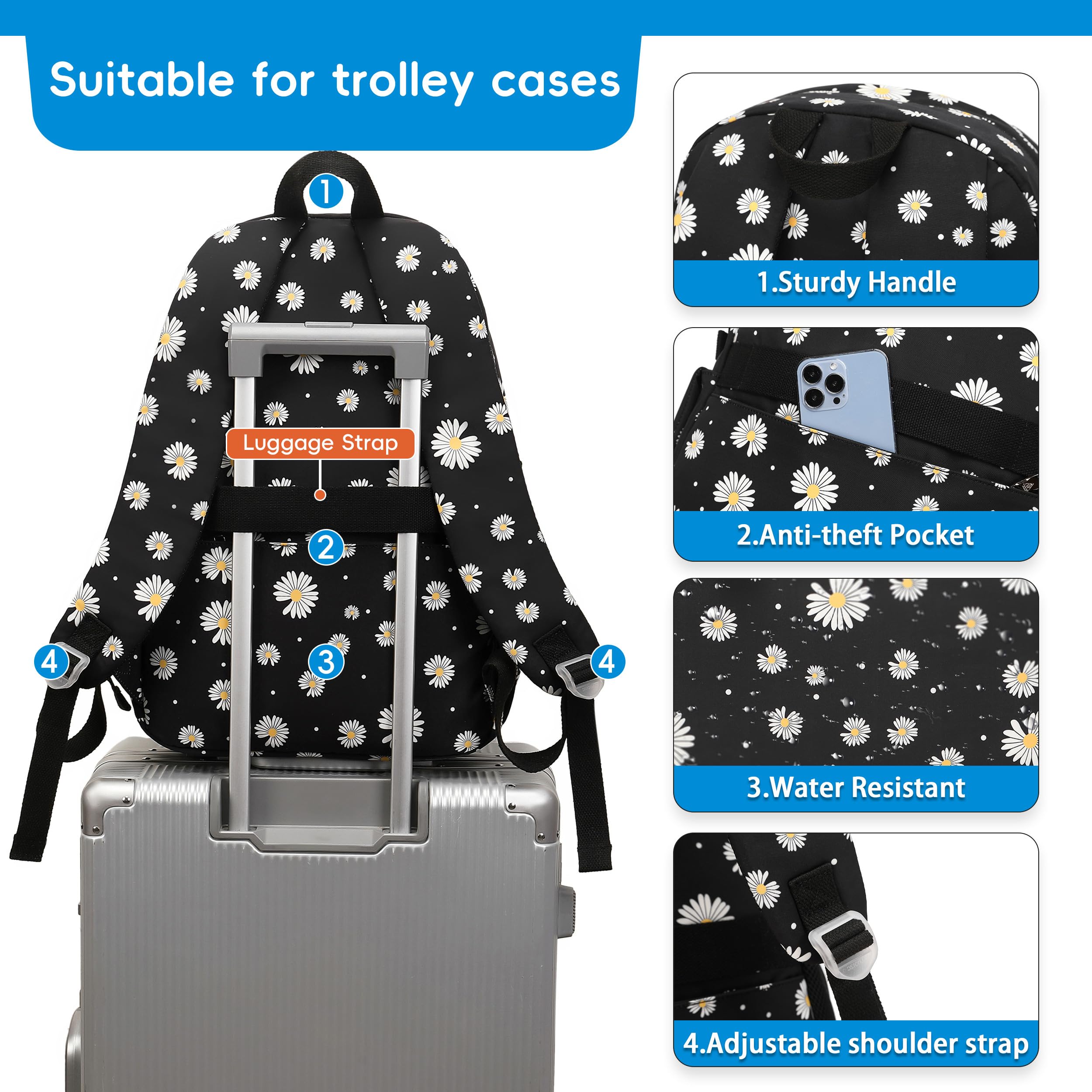 **Daisy Print School Backpack for Girls - Lightweight Bookbag with Lunch Box Set - Perfect for Teen Girls, School, Travel & Daily Use**