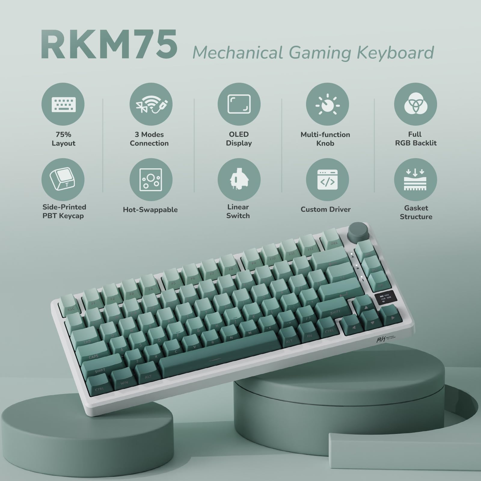 RK ROYAL KLUDGE M75 Wireless Mechanical Gaming Keyboard - 75% Compact 81 Keys with OLED Display, Rotary Knob & RGB Backlit | 2.4GHz/BT5.1/Wired Triple Mode | Hot-Swappable Cloud Switch & Gasket Mount | PBT Side-Printed Keycaps for PC/Mac Gaming & Office Typing