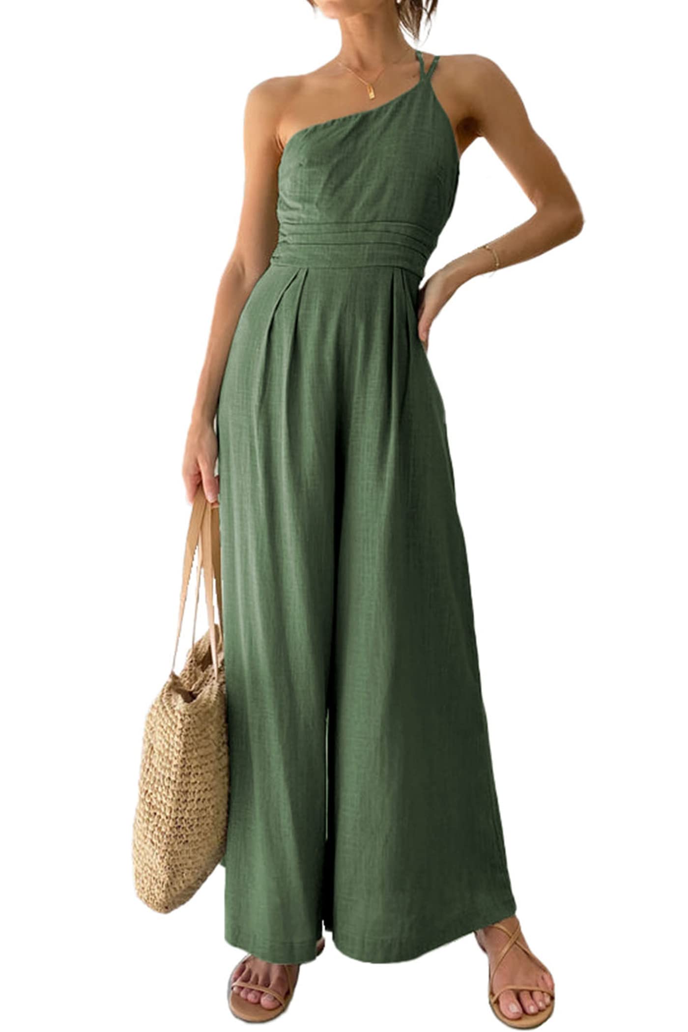 PRETTYGARDEN Women's One Shoulder Strap Jumpsuit - Summer Casual High Waist Wide Leg Pleated Romper - Perfect for Beach Vacation, Date Night & Summer Parties