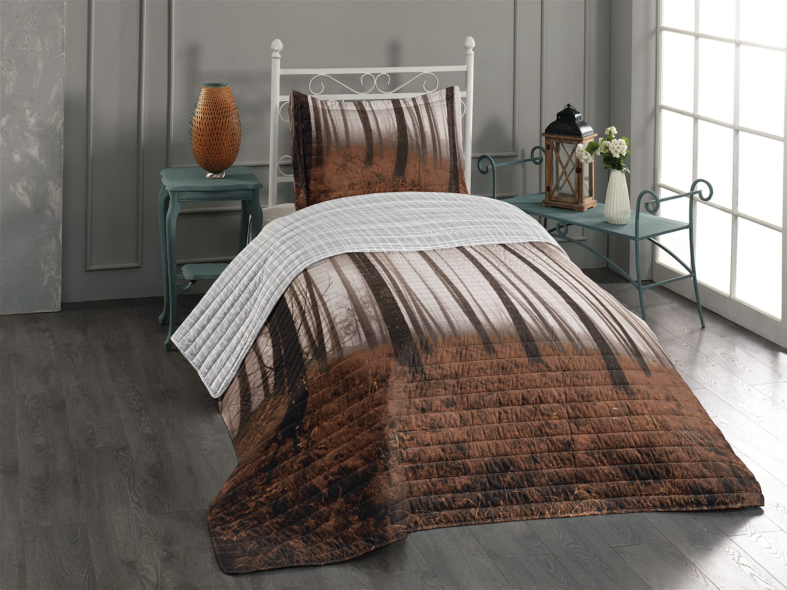 Ambesonne Reversible Bedspread Set - Fantasy Woodland Foggy Forest Design with Tall Trees & Bushes in Contrast Colors, Microfiber Comforter & Pillow Shams, Twin Size Pale Chocolate Brown - Perfect for Cozy Bedroom Decor & Nature-Themed Home Styling