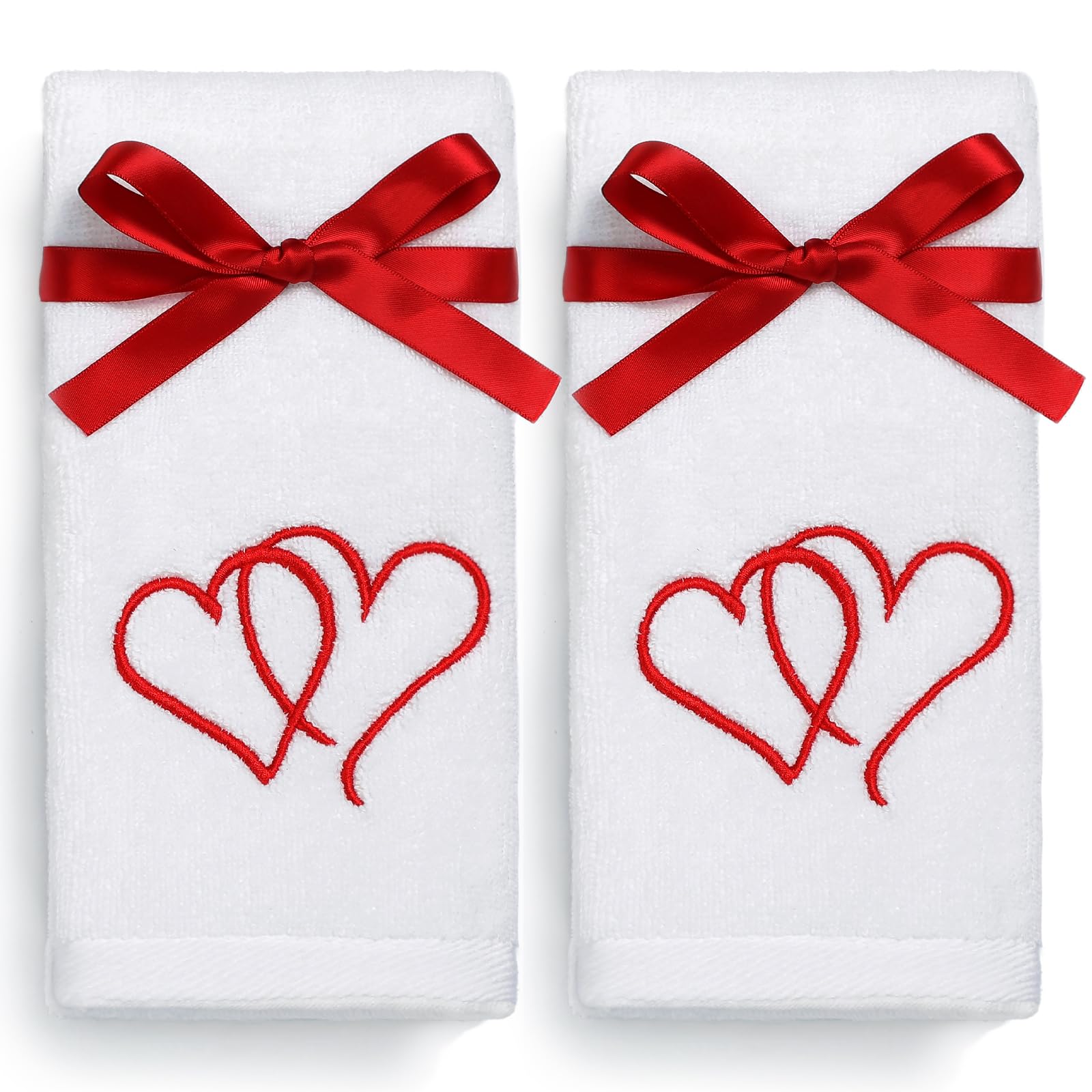 Valentine's Day Cotton Hand Towels - Embroidered Red Heart Set of 2 for Bathroom & Kitchen Decor
