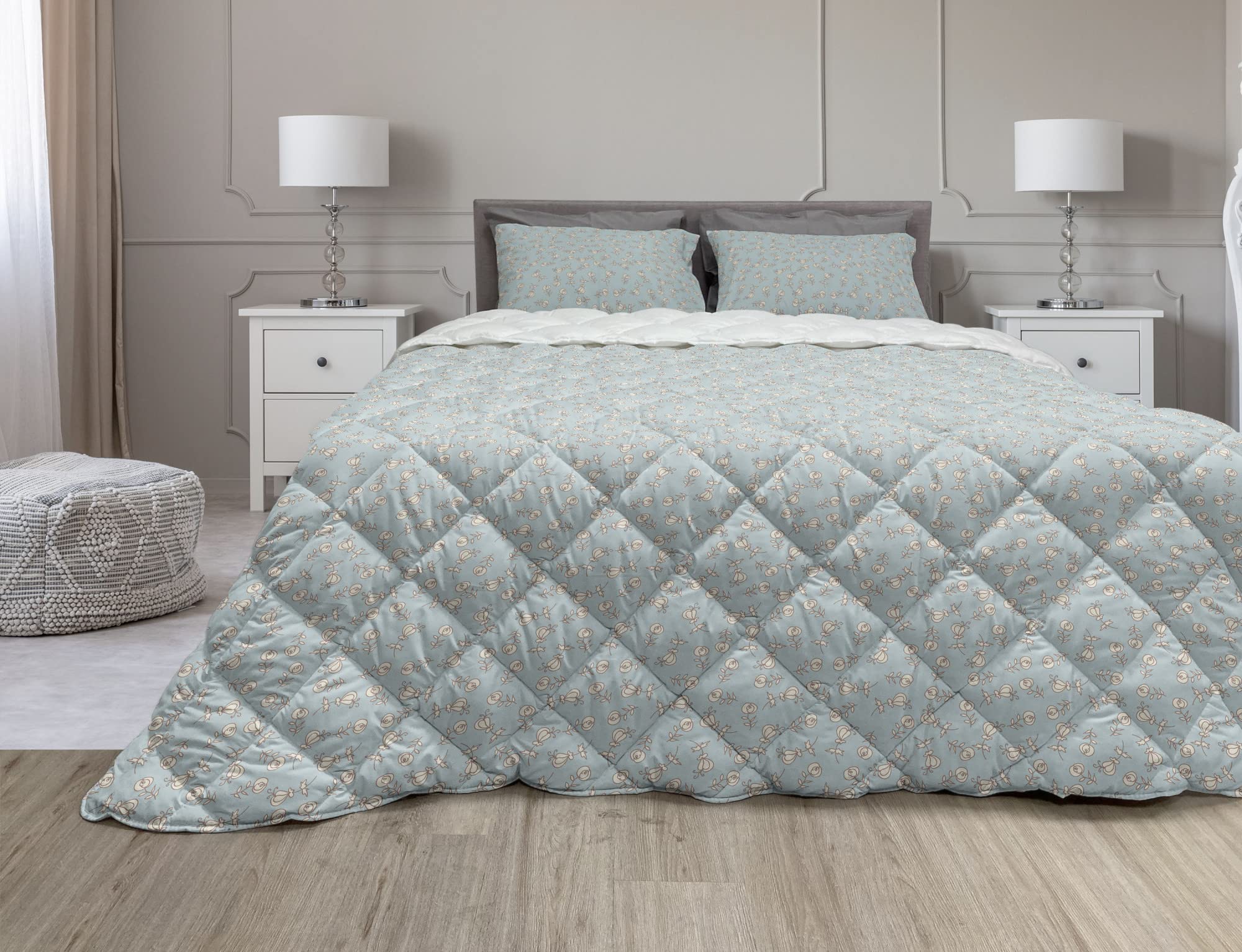 Ambesonne Vintage Floral Comforter Set - 3 Piece Queen Size Duvet Cover with Sham, Pastel Rose Sketch Design, Microfiber Filling, Blue Grey Eggshell Umber - Perfect for Valentine's Day Gift, Romantic Bedroom Decor & Cozy Home Styling